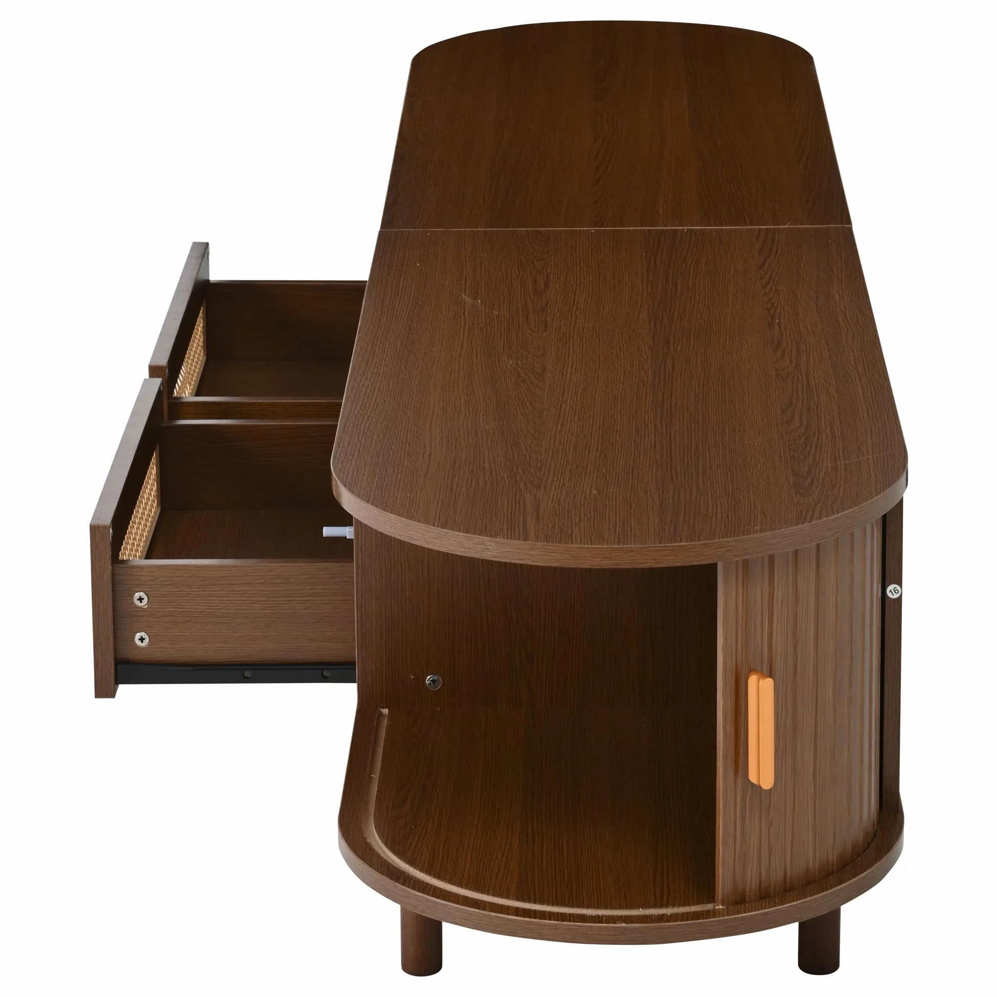 SACOOL Supporto per TV ovale e tavolo per TV, 170 x 40 x 40 cm, mobile TV con 2 cassetti design in rattan, 2 ante scorrevoli, lowboard fino a 70 pollici, tavola TV e cassettiera TV, noce