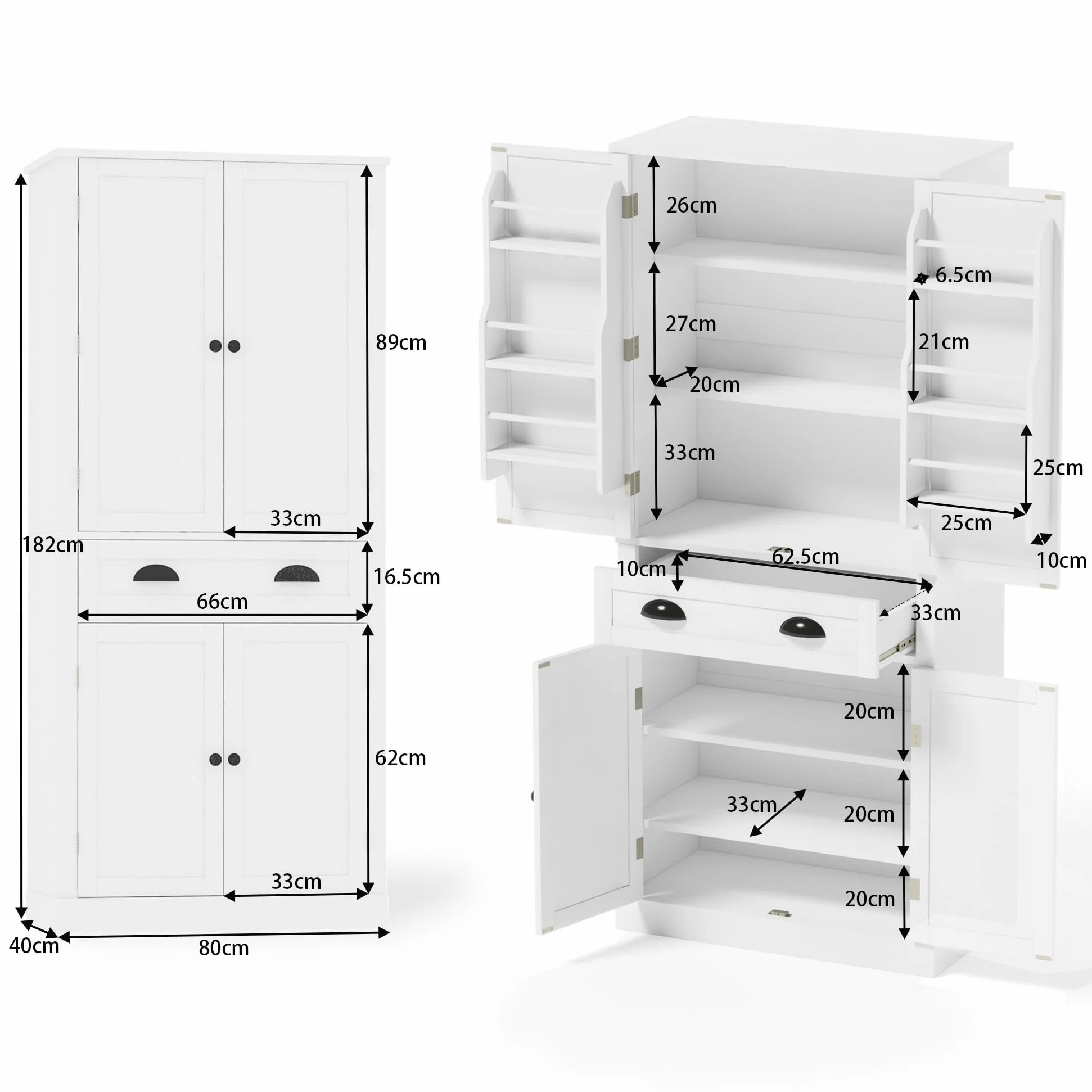 SACOOL Armadietto a 4 ante e 1 cassetto, 2 ante con ripiani, 6 scomparti e 4 ripiani regolabili, adatto per cucina, sala da pranzo e soggiorno, bianco