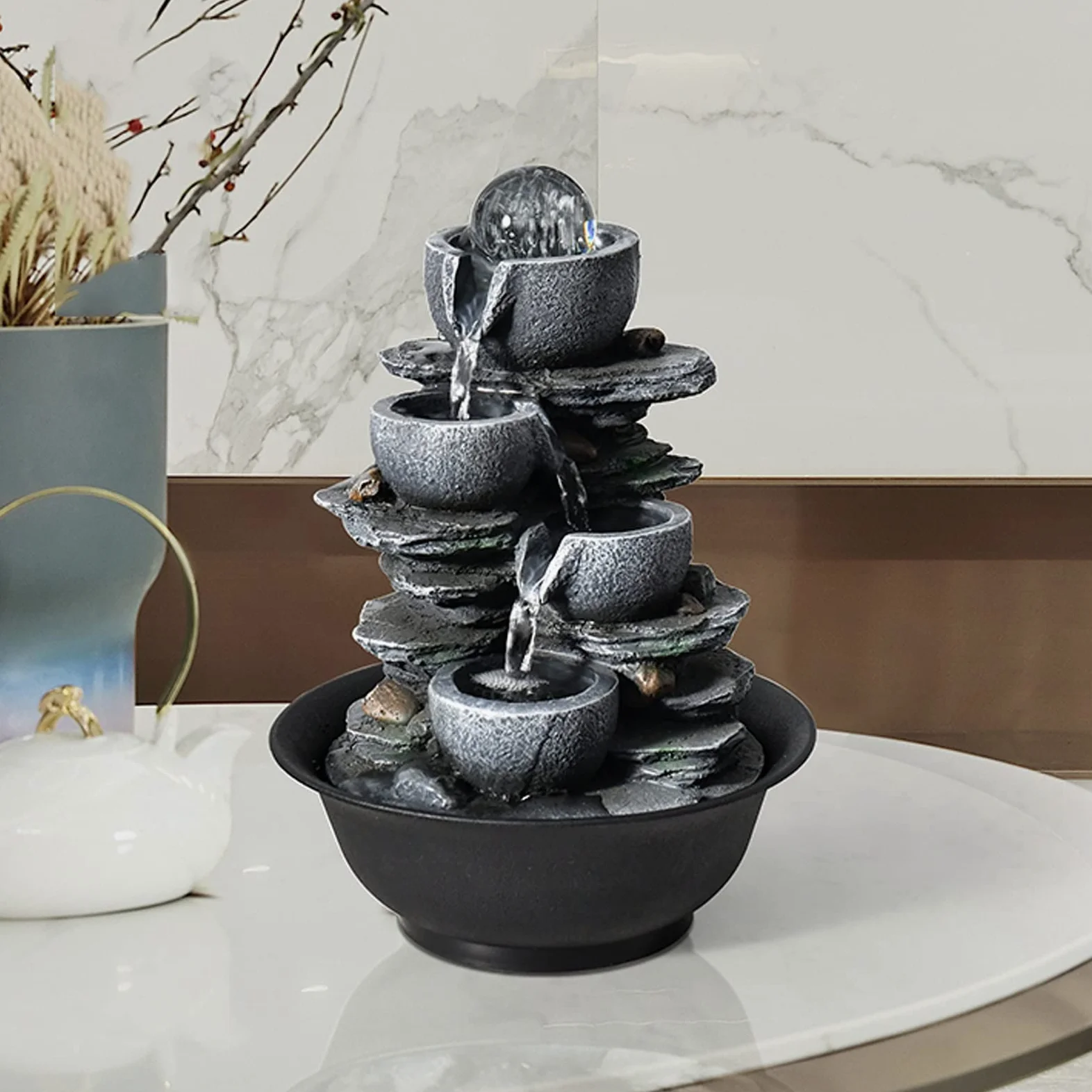 Fontane da tavolo per interni a 4 stadi Ciotola Cascata Fontana da tavolo Fontana per meditazione Zen Fontana per relax interna Fontana da tavolo con pompa automatica per ufficio Casa camera da letto