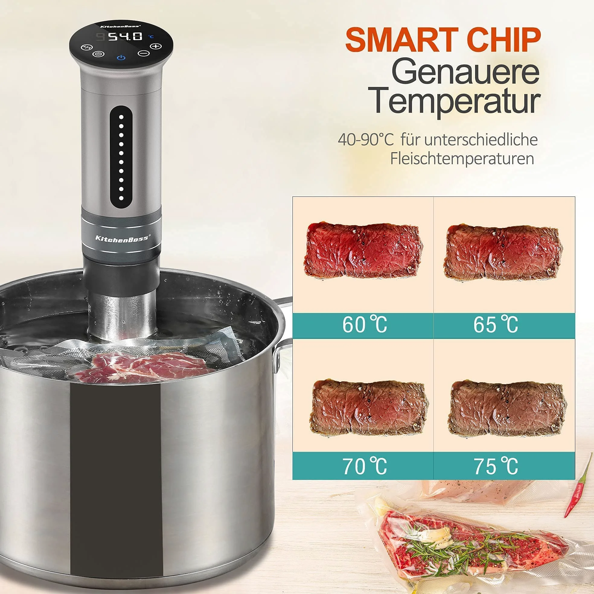 KitchenBoss Roner Cucina a Bassa Temperatura 1100W Roner Professionali G310S Cottura Bassa Temperatura 40℃ to 90℃ Sous Vide IPX7 Silenzioso