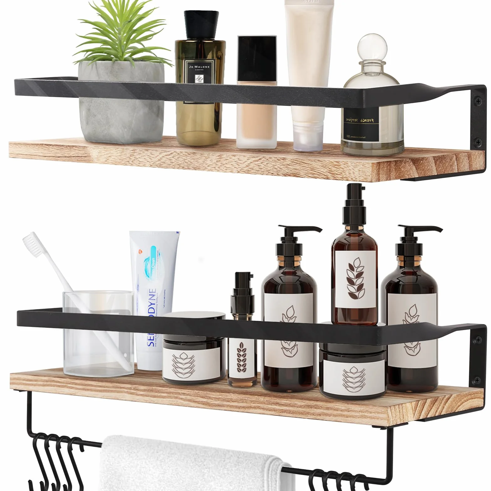 Uten Mensole da Muro Design Moderne Set 2 Pezzi Legno Portasciugamani Ganci 42x15x6,8 cm