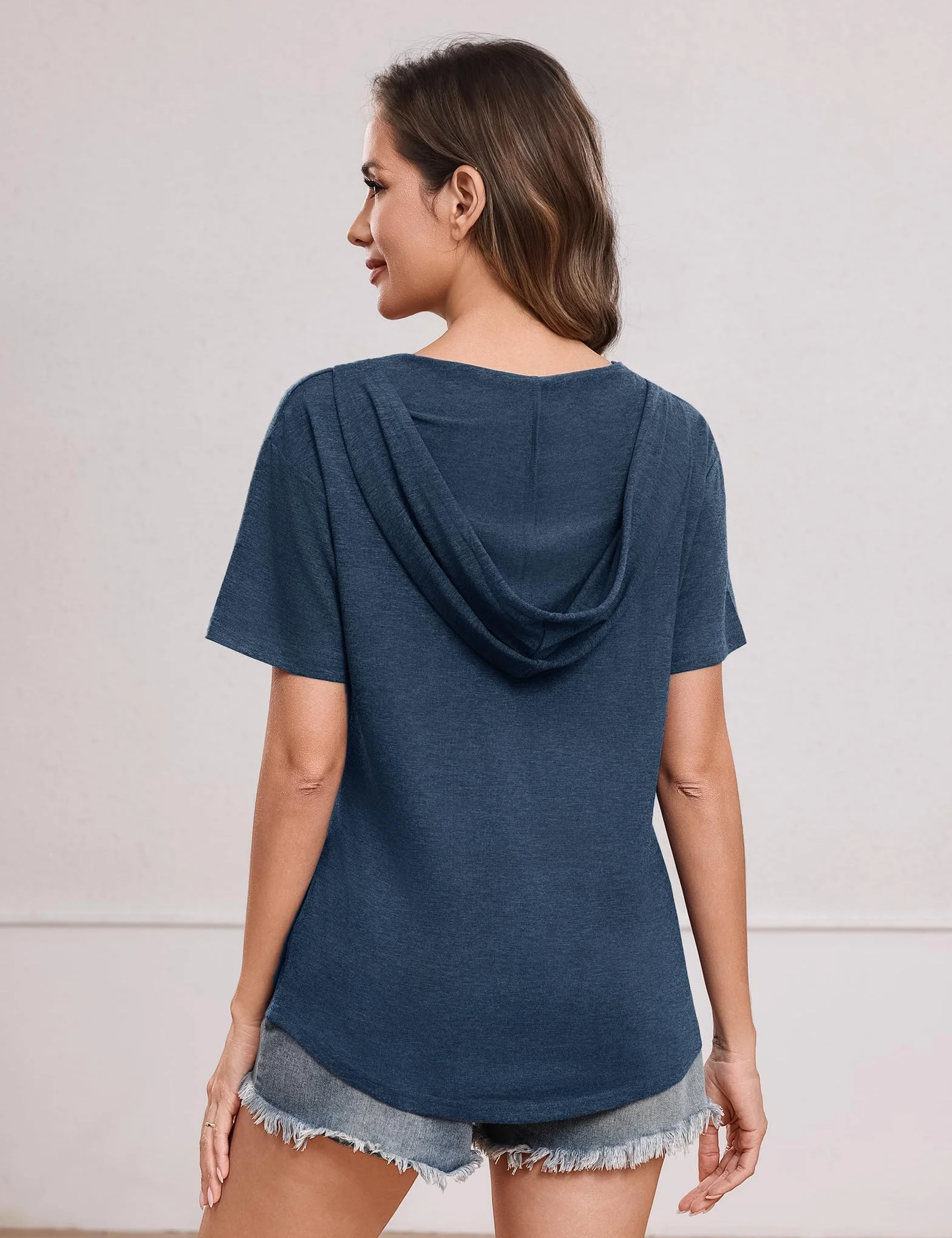 Aottori Felpa Donna con Cappuccio Maniche Corte Felpone Scollo a V Estiva Elegante Maglia Larga Leggero Maglietta Elasticizzato Tshirt Basic Pullover