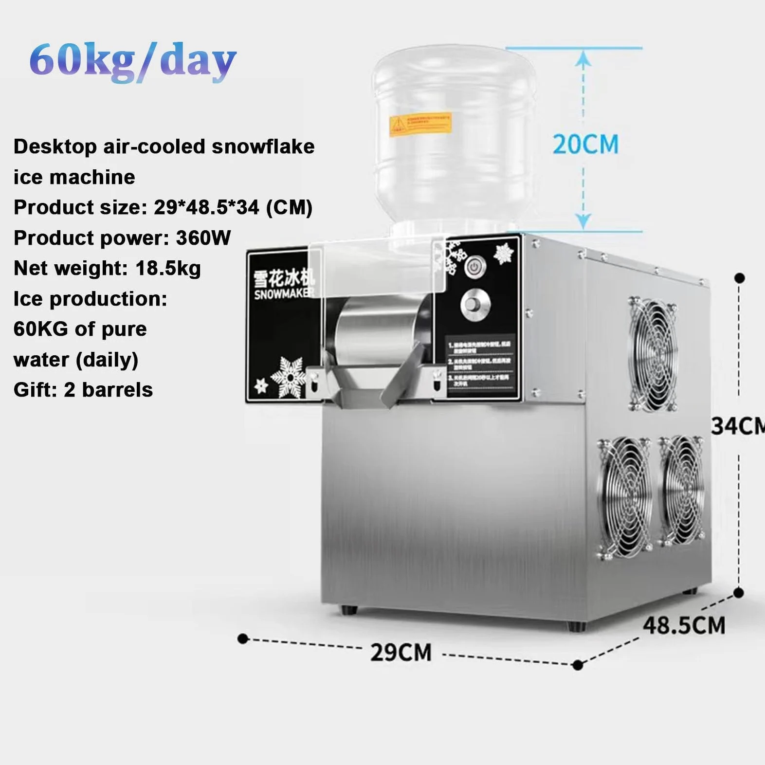 Macchina per ghiaccio a fiocchi di neve, macchina elettrica per ghiaccio tritato, raffreddamento rapido, materiale in acciaio inossidabile per uso alimentare, macchina per ghiaccio a fiocchi,60kg/Day