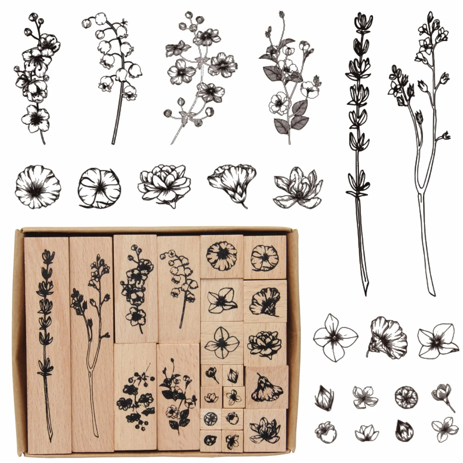 22 Pezzi Timbri in Legno per Scrapbooking - Fiori e Foglie in Gomma - per Disegni, Lettere, Cartoline, Album
