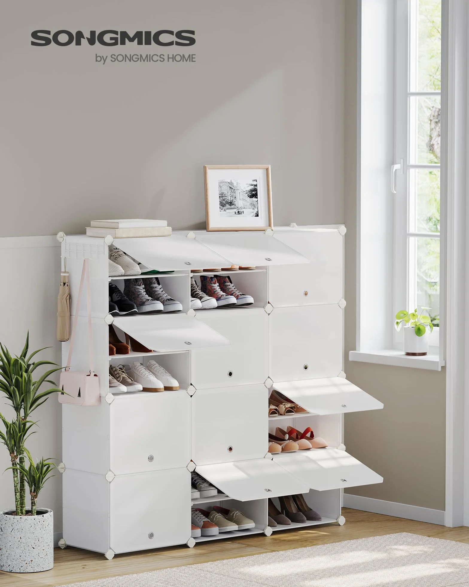 SONGMICS Scarpiera Modulare 12 Scomparti 48 Paia Scarpe con Sportelli Telaio Acciaio Bianco Nuvola LPC040W02