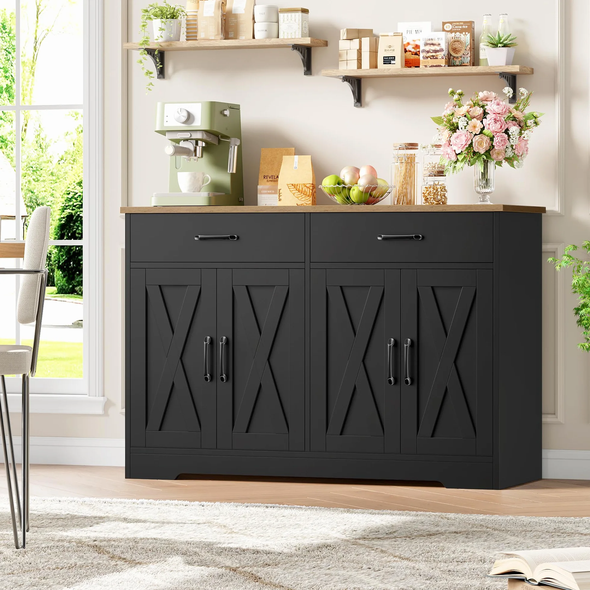 HOCSOK 120 cm Credenza Cucina, Mobile Cucina con 2 Cassetti e 4 Armadi，Buffet Mobile Moderno, Credenza Soggiorno, Mobile per Cucina Ingresso Foyer, Sala da Pranzo, Nero +Marrone