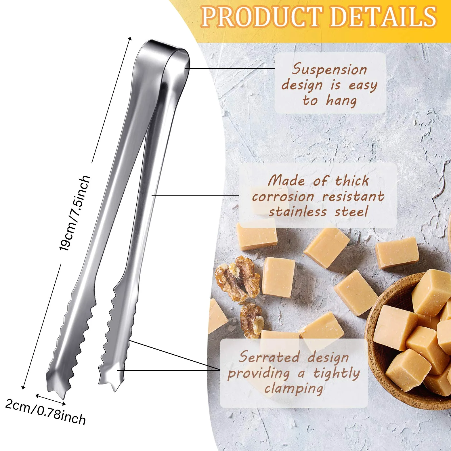 Pinze per ghiaccio in acciaio inox, 10 pezzi, pinze per zucchero e ghiaccio, per servire cibo a dente di sega, per servire ristorante e hotel, secchiello per il ghiaccio, 17,5 cm