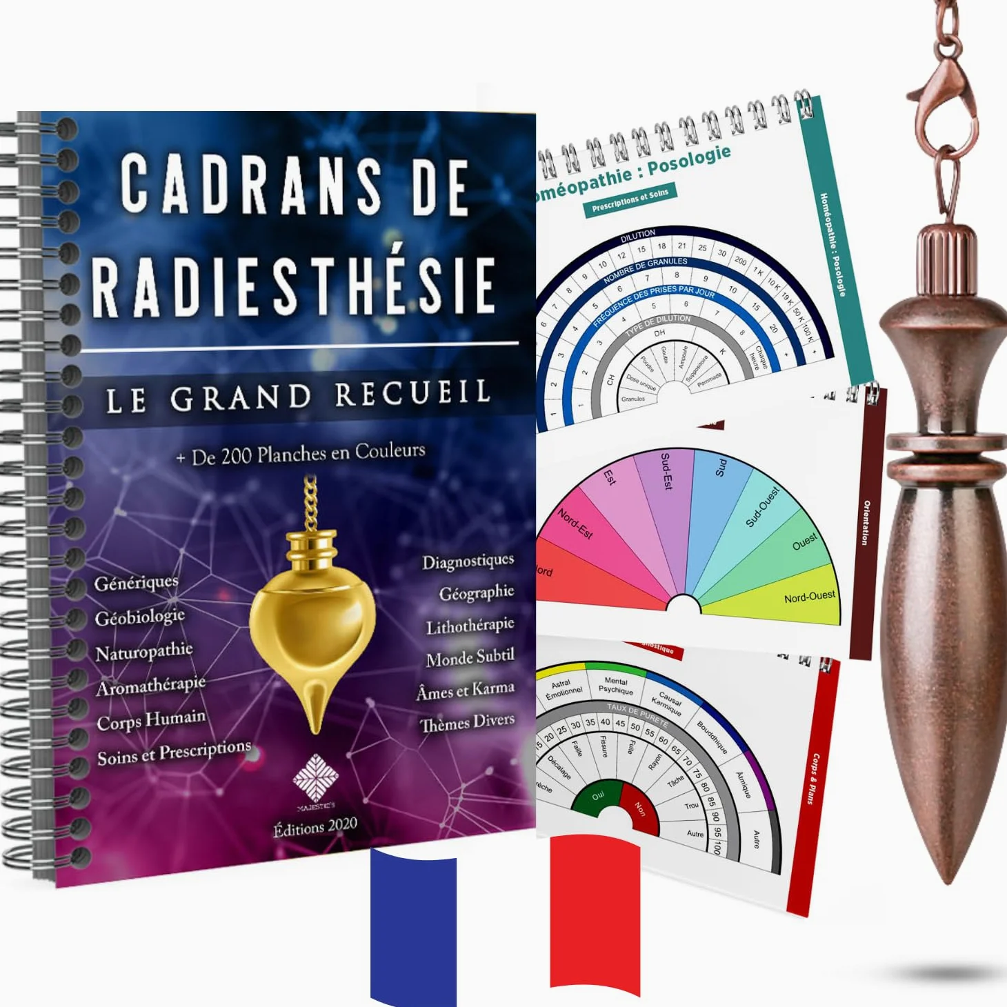 Tavole per Radiesthesie Plus di 200 tavole per pendolo divinatorio in francese (formato A4 a spirale) + Pendolo di radiestesia egiziana in ottone antico [Soddisfatto o rimborsati]