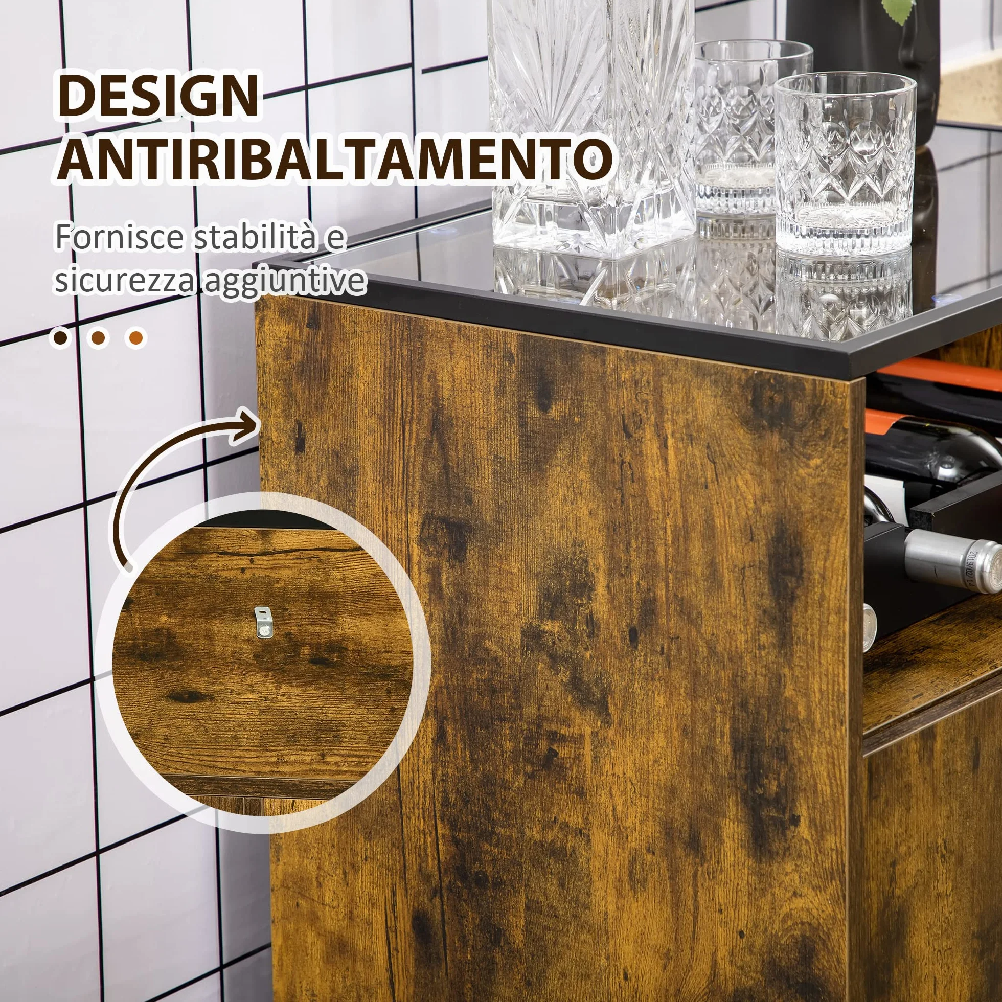 HOMCOM Mobile Multiuso da Salotto con Portabottiglie, Vani Aperti e Armadietto, Mobiletto Porta Vini Stile Industriale, 60x40x100cm, Marrone