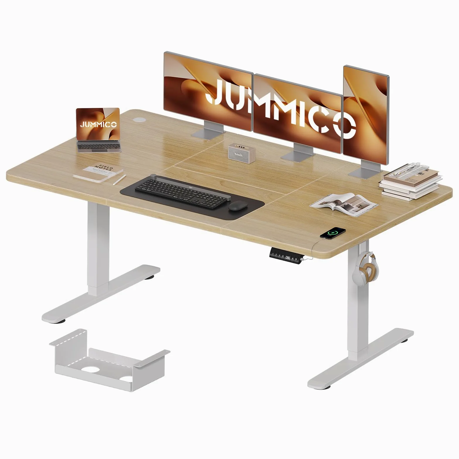 JUMMICO Scrivania Regolabile in Altezza Elettrica 160x80 cm, Scrivania Ergonomica Seduta in Piedi con Vassoio per Cavi e Porta USB, Scrivania per Computer Ufficio, Beige e Bianco