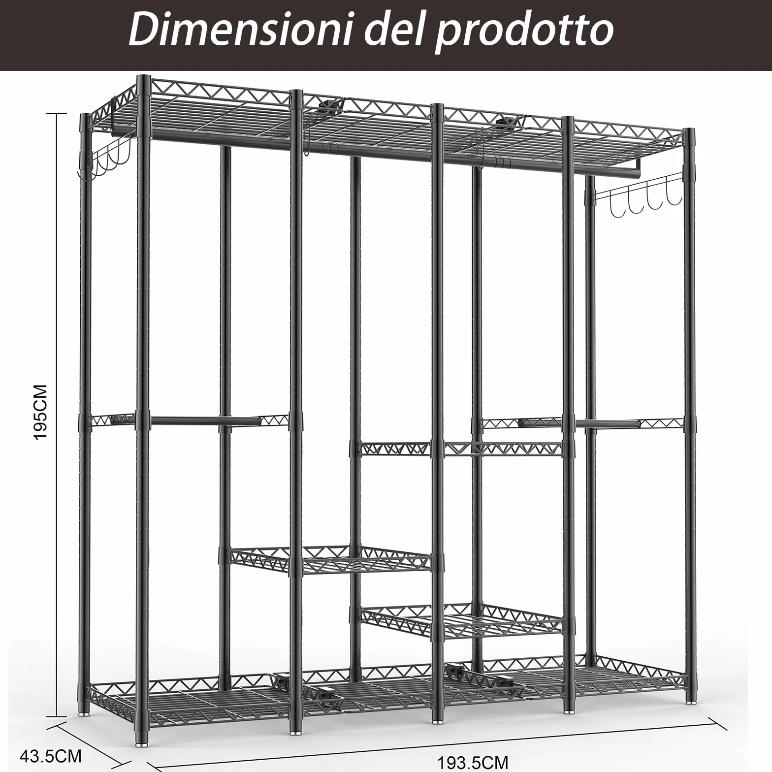 AQRA Stand Appendiabiti in Metallo, Altezza Del Ripiano Regolabile, Grande Capacità Guardaroba, 4 Metodi di Assemblaggio, per Appendere i Vestiti, Riporre i Vestiti, 193,5W×43,5D×195H (Nero)