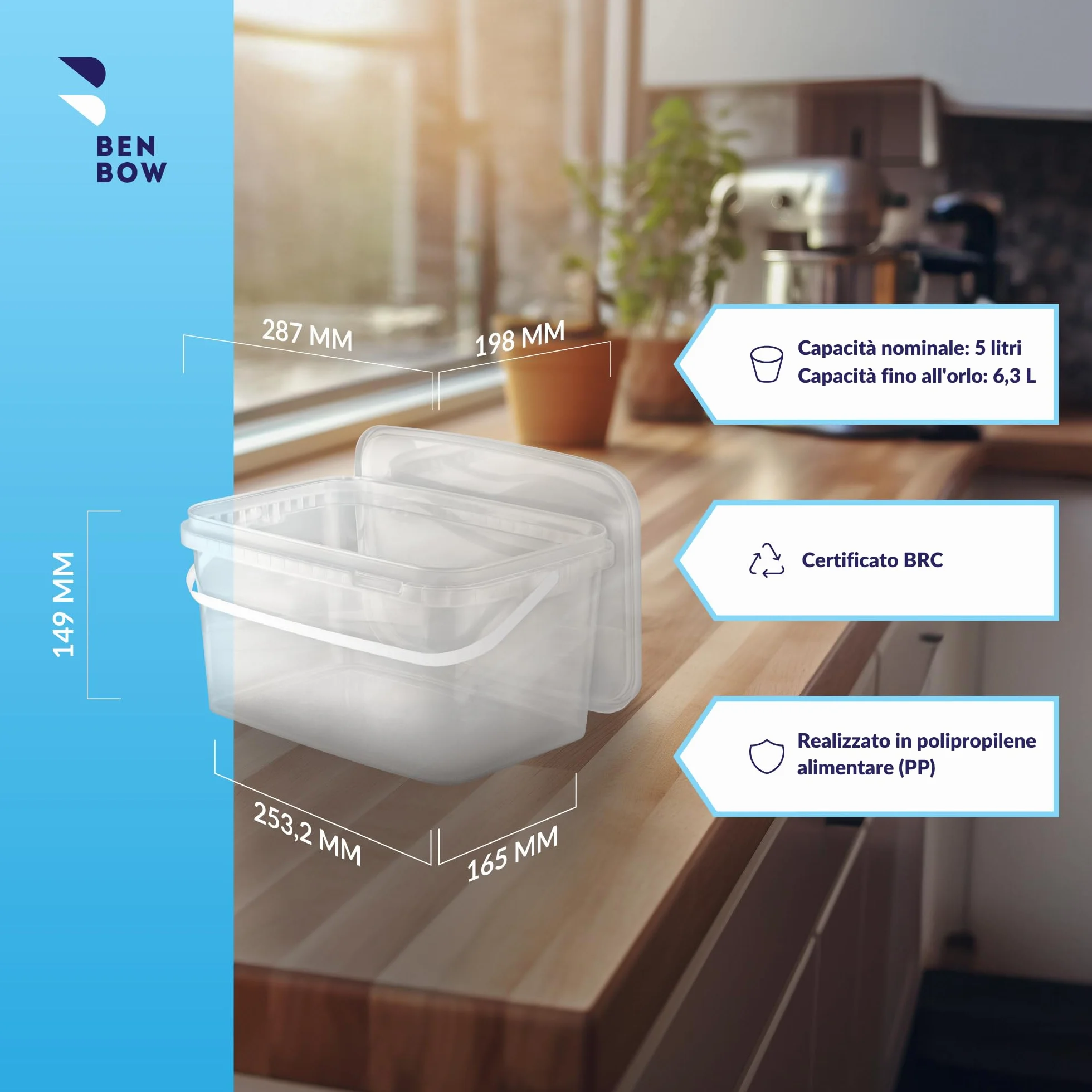 BenBow Secchio rettangolare con coperchio 10x 5l trasparente - adatto al contatto con alimenti, contenitore di plastica impilabile con manico - vuoto