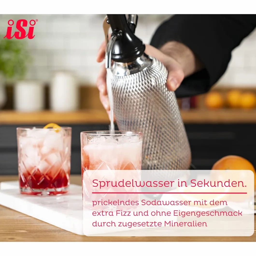 iSi Soda Maker Classic - Set regalo con 2 bicchieri e 10 capsule di soda, sifone di soda 1 l, in acciaio inox, accessori per bar per acqua frizzante