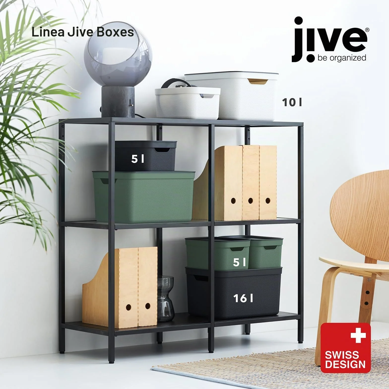 Jive Dekobox Set 3 Scatole Decorative Portaoggetti 5 l Plastica PP Riciclato Nero 26.5 x 18.5 x 13.5 cm
