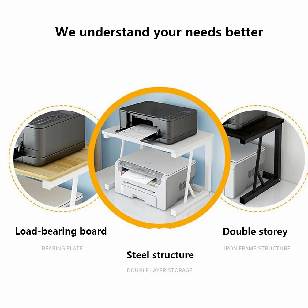 Supporto per stampante, supporto da scrivania bianco per stampante con 2 ripiani, piedini antiscivolo, supporto per stampante per ufficio domestico, organizer multifunzionale per stampanti e accesso
