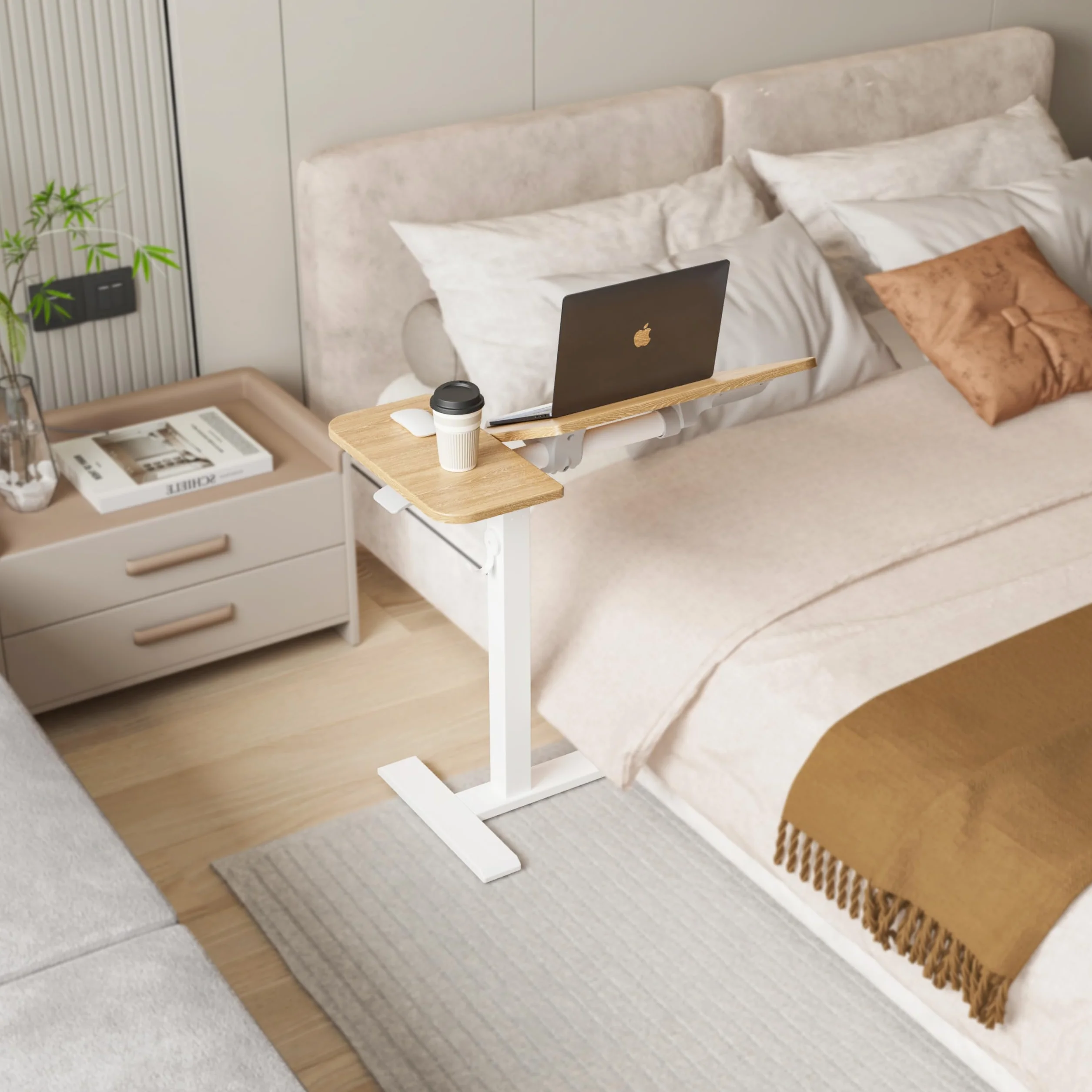 ETHU Tavolo per computer portatile regolabile in altezza, tavolino multifunzione con piano di lavoro inclinabile e ruote incassate, tavolo da letto portatile ergonomico per ufficio e casa (quercia)
