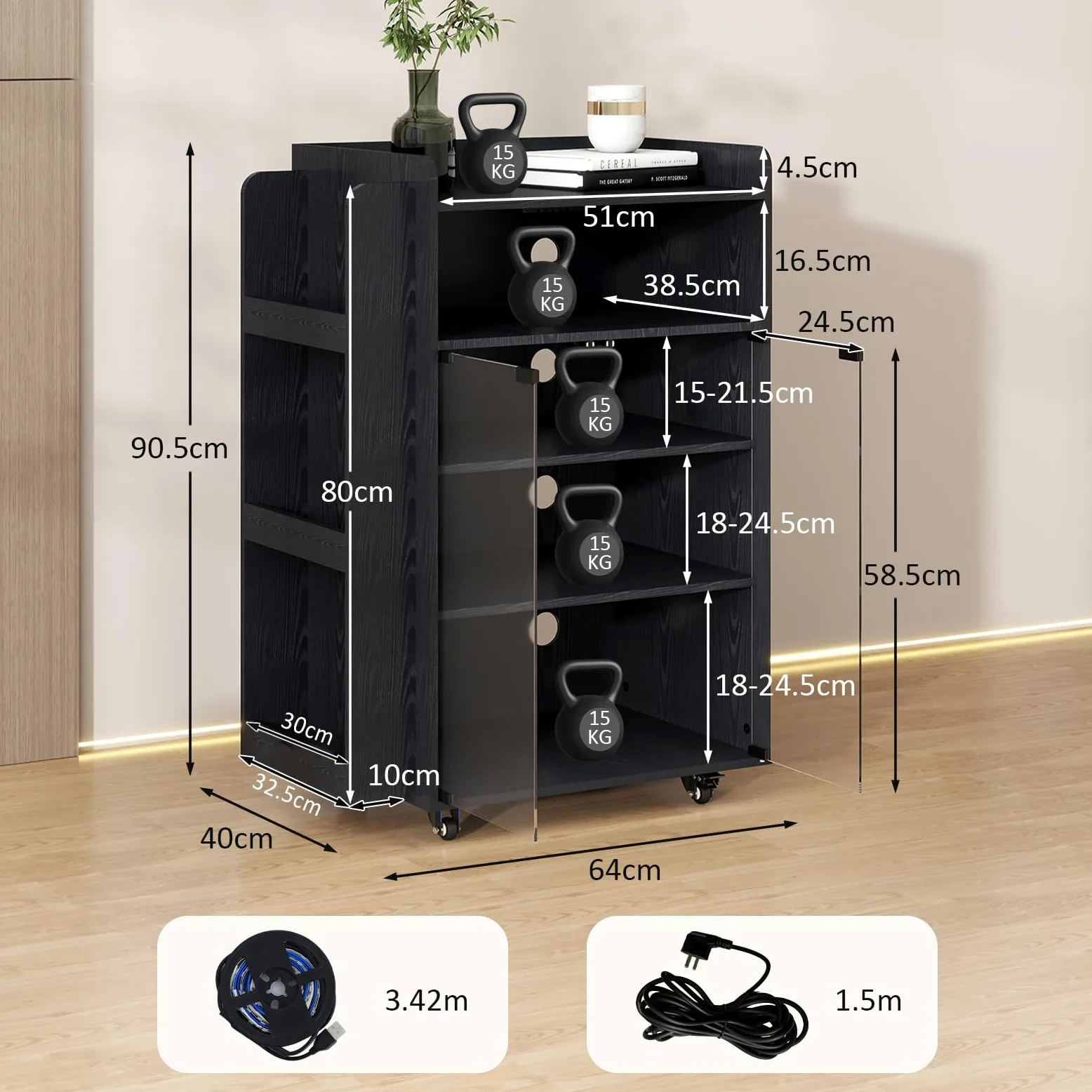 YU YUSING Vetrina Espositiva con LED per Vinili e CD, Mobile Espositivo con Porta Vinili a 5 Ripiani, Mobile Giradischi Porta CD, Presa di Corrente Integrata e Ruote, Giradischi, lettore DVD, Nero