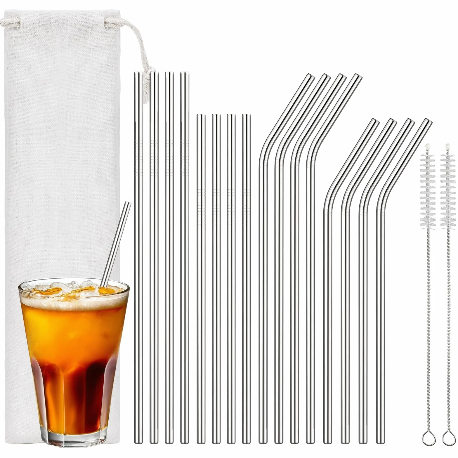 Cannucce Riutilizzabili in Acciaio Inox Set 16 Pezzi con Spazzole e Sacchetto