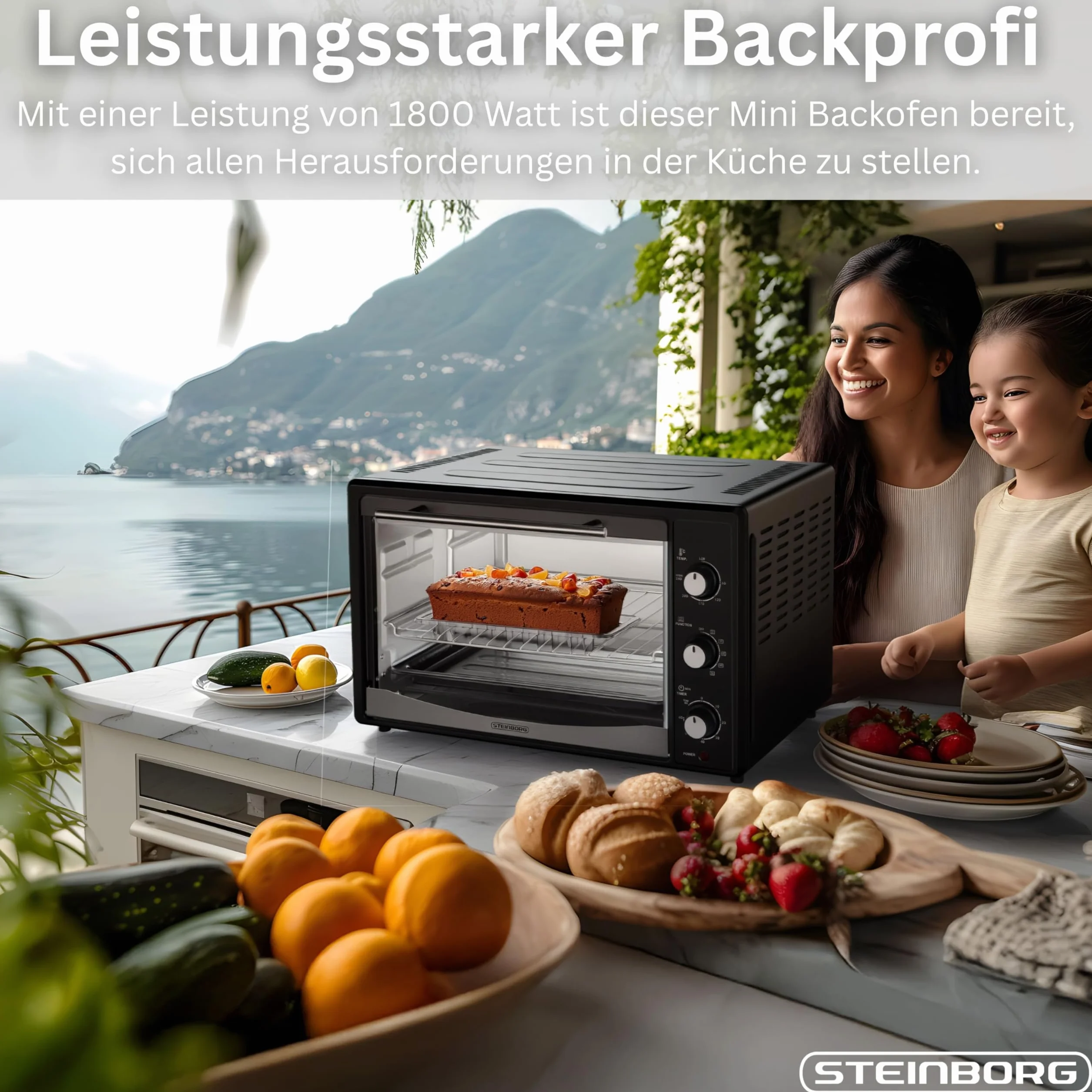 Forno da 45 litri con convezione, spiedino elettrico | 1800 Watt | forno a convezione | forno per pizza | illuminazione interna | teglia e griglia