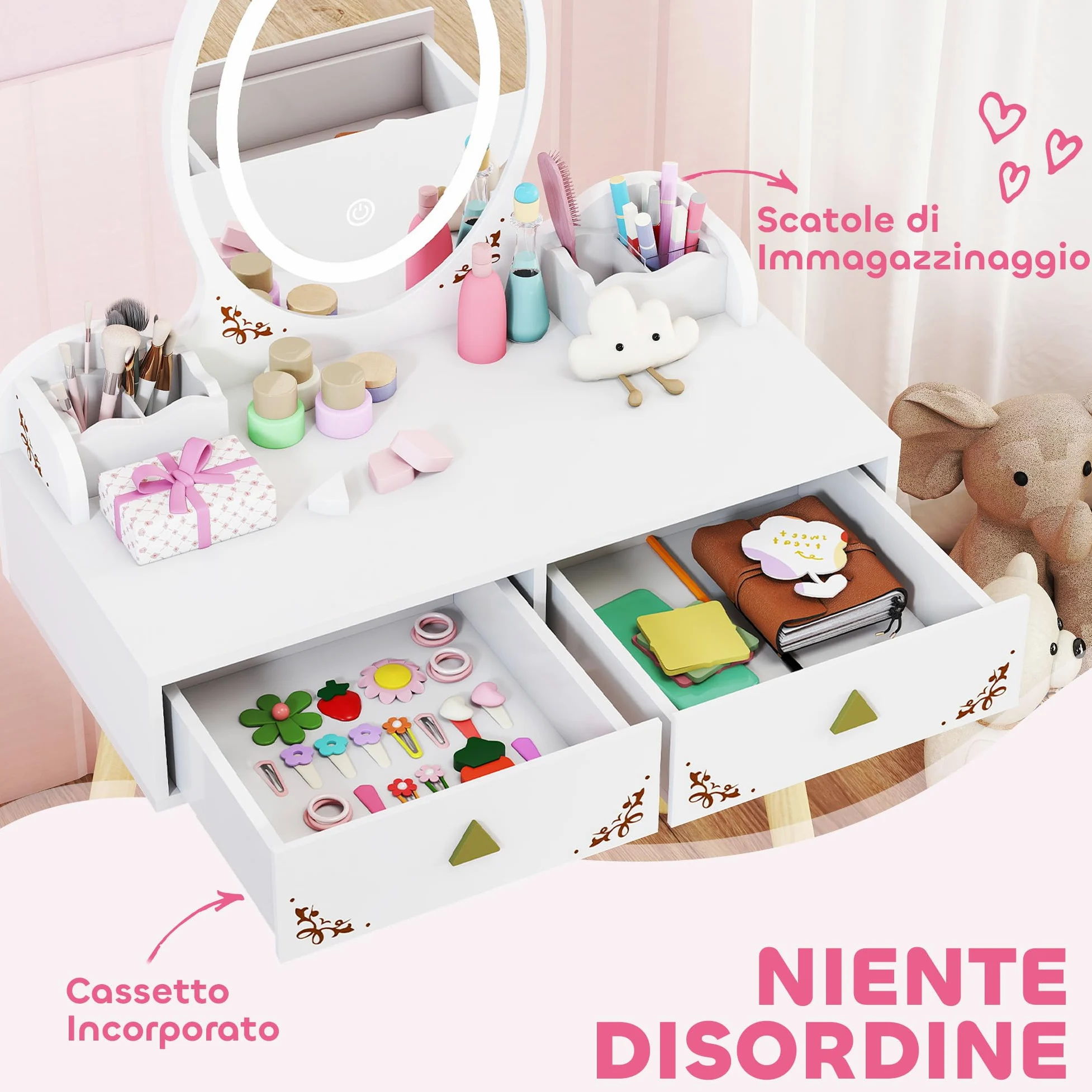 AIYAPLAY Set Toeletta 2 in 1 con Specchio Illuminato e Sgabello, Tavolo da Trucco con Luce LED a 3 Colori, 2 Cassetti e 2 Scatole in Legno, Tavolino per Bambini da 3+ Anni, Bianco
