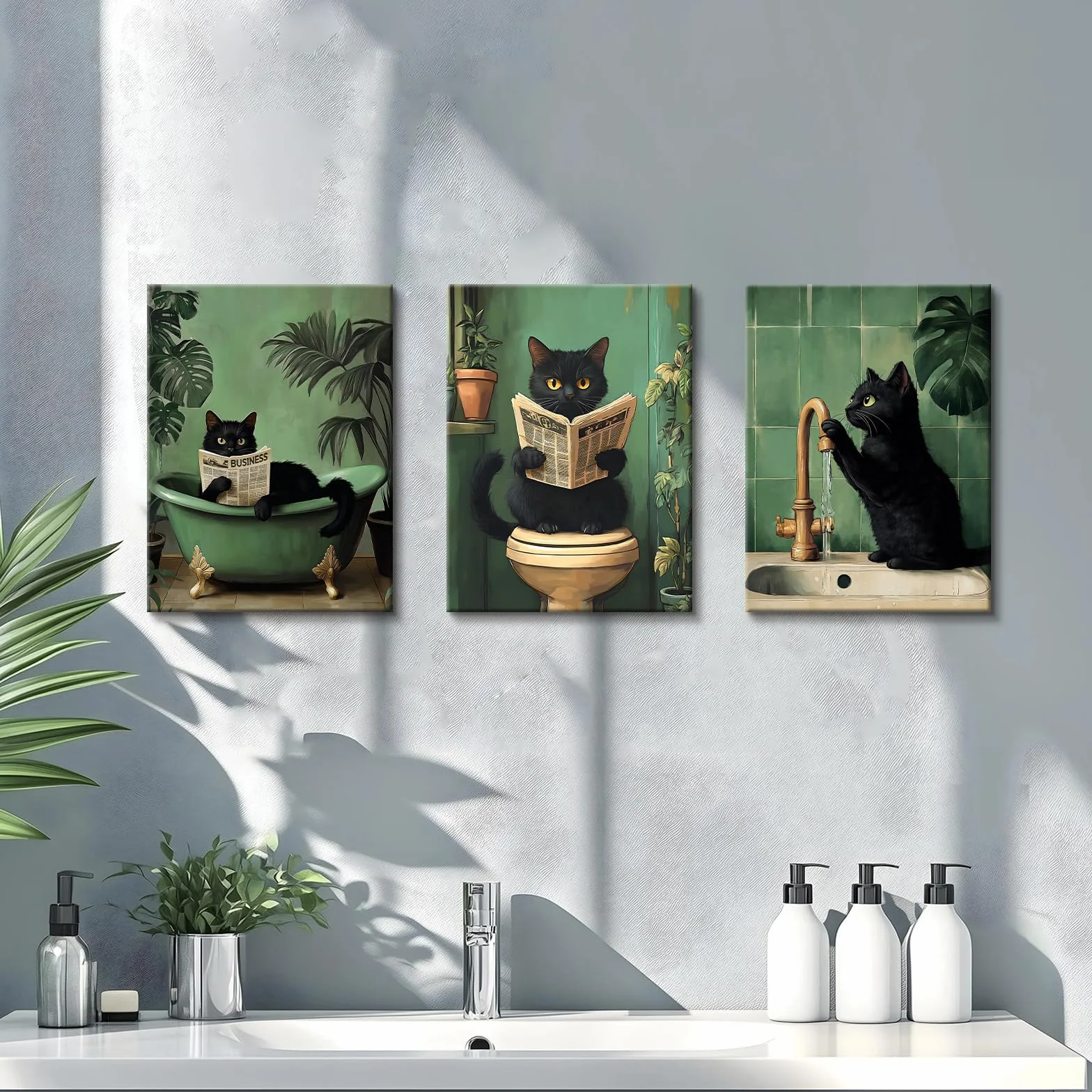 Stampa su tela Divertente Gatto Nero Pittura Quadri Moderni Bagno 30x40cm x3