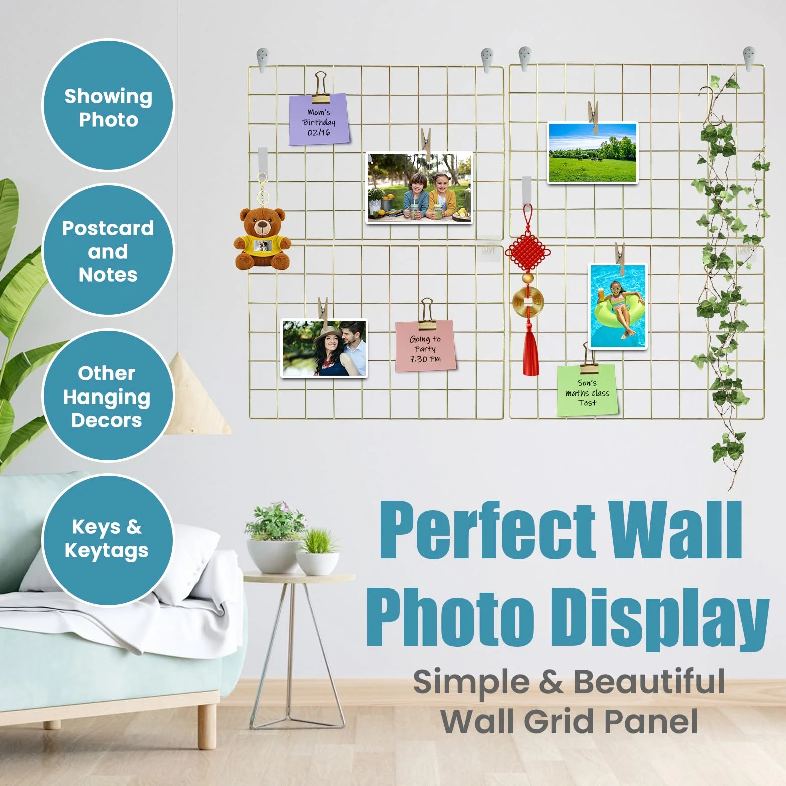 CIKLCIX Pannello Griglia Metallo Oro 44x30 cm, Organizer da Parete in Rete Metallica, Bacheca Foto, Portafoto da Muro, Decorazione Camera Ufficio con Clip e Ganci