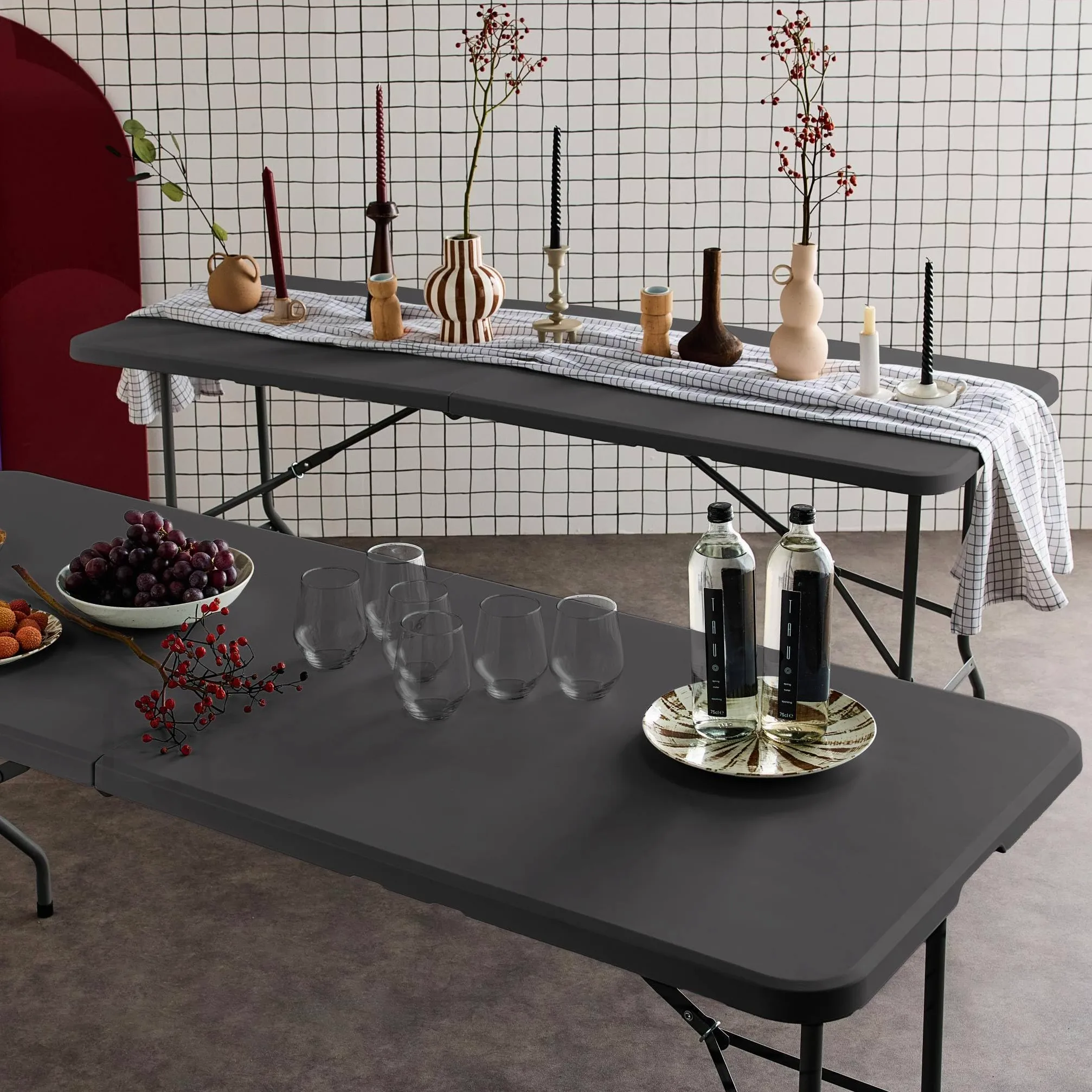 Set di 2 tavoli da ricevimento Pieghevoli in plastica, Fiesta x2, Grigio Scuro, 180x69.5x73.5 cm
