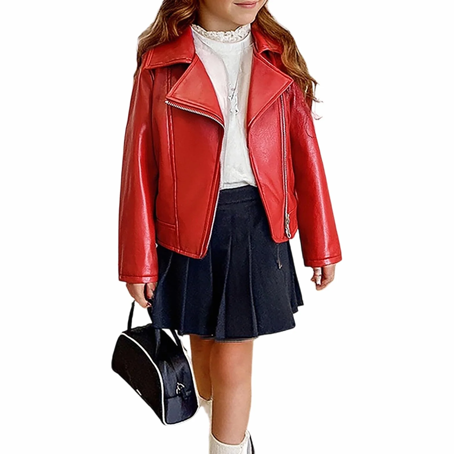 Generisch Ragazze Antivento Caldo Pelle PU Cappotto Sportivo Moto Britannico Giacca funzionale per bambini da 2 a 10 anni Giacca elegante