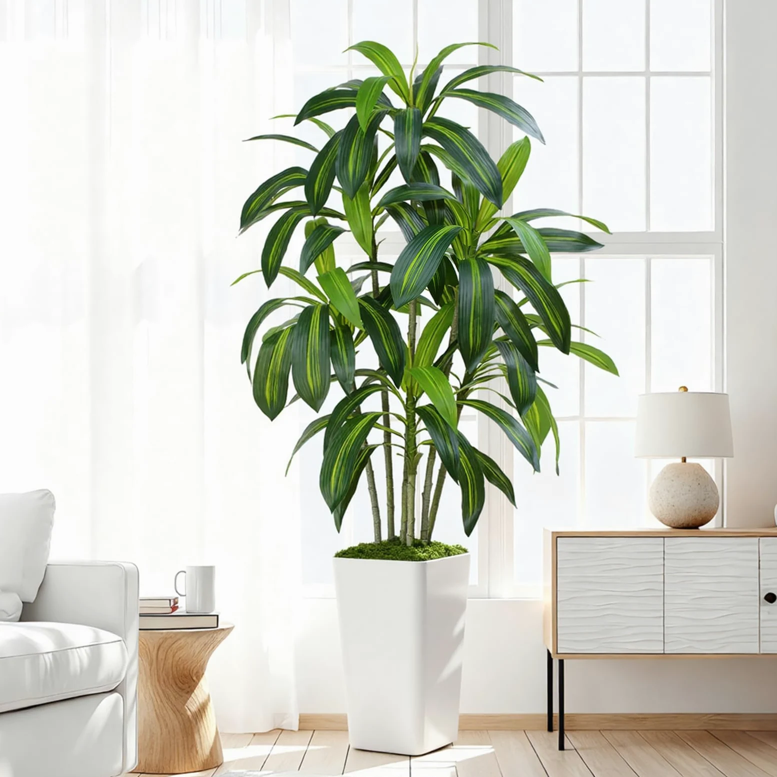 Pianta Artificiale Dracaena da 150cm Piante Finte da Interno Con Fioriera Alta Bianca Piante Artificiali da Esterno Per Soggiorno Camera da Letto Ufficio Casa Corridoio Decorazione (1Pz)