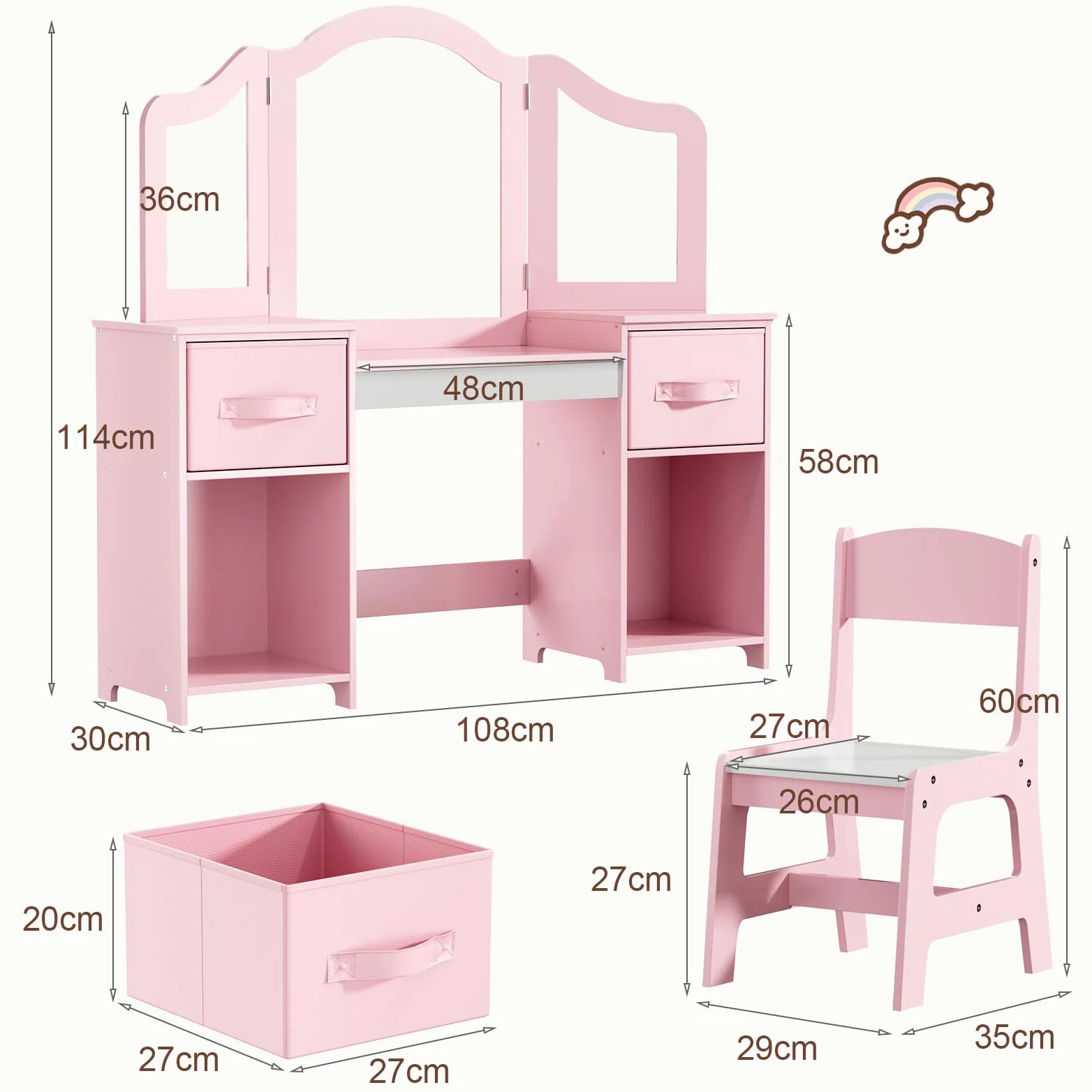 Clevich Toeletta per Bambini in Legno, Con Specchio Staccabile, Cassetti in Tessuto e Sedia, Scrivania per Bambini Robusta, Toeletta Trucco 2 in 1 per Bambina per 3 Anni, 108x30x114 cm (Rosa-Bianco)