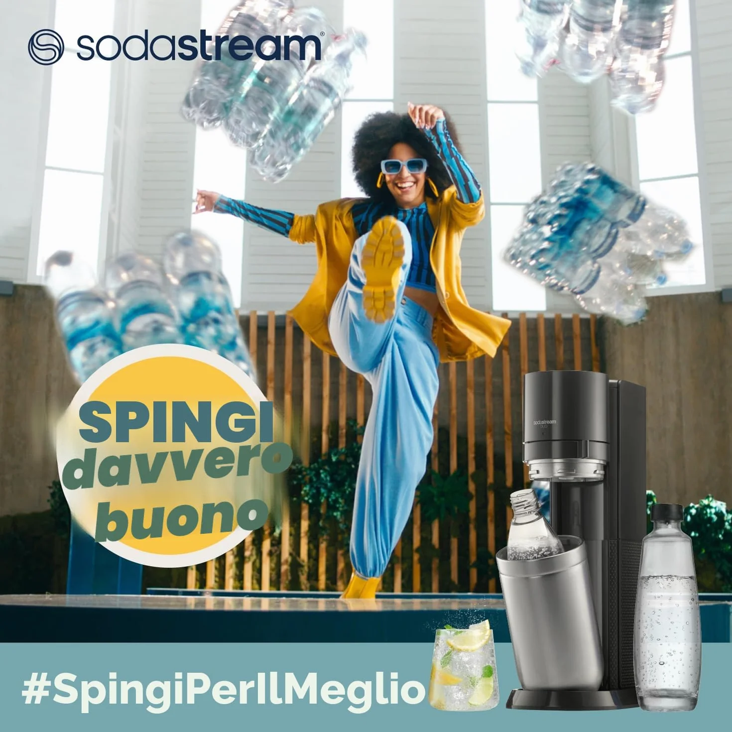 Sodastream Crystal Nero Gasatore acqua frizzante bombola CO2 bottiglia vetro 1L