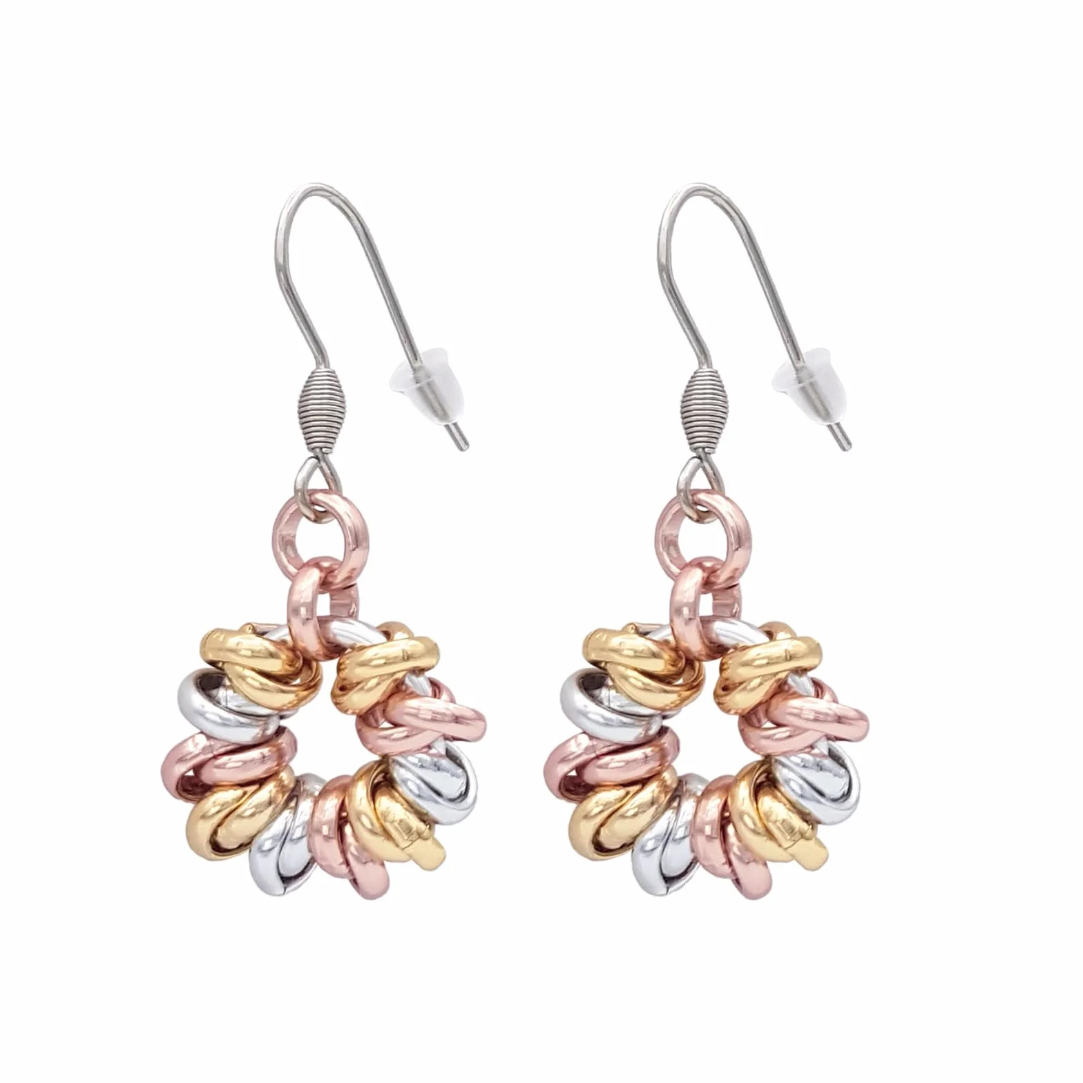 Particolarmoda Orecchini Donna Pendenti Tondi a Cerchio Leggeri Nodini Intrecciati 6 mm Argentato Dorato Rosa