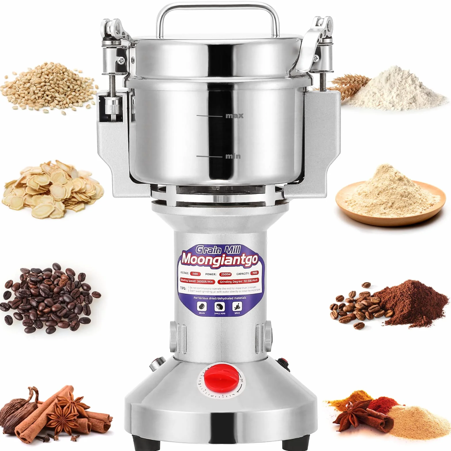 Moongiantgo Mulino Elettrico per Cereali 500g Acciaio Inossidabile, 2500W 36000RPM Motore Commerciale & Rettifica Superfine 30s, Protezione da Sovraccarico & Open-Cover-Stop, Per Grano, Spezie, Ecc.