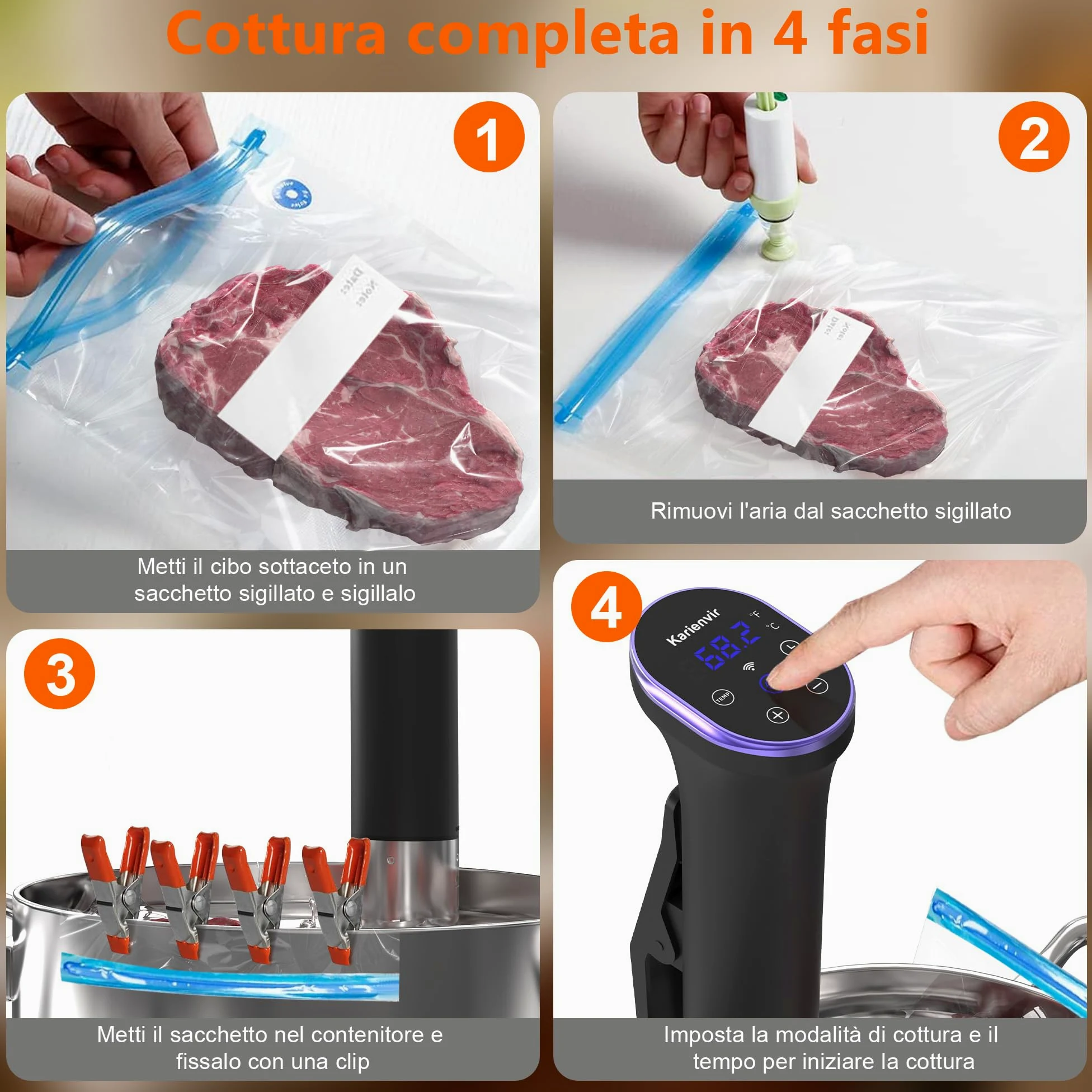 WiFi Sous Vide Roner 1100W, Wi-Fi Roner Cucina a Bassa Temperatura con Controllo APP e Controllo Accurato Della Temperatura, LED Display, Impermeabilità IPX7, 10℃-90℃
