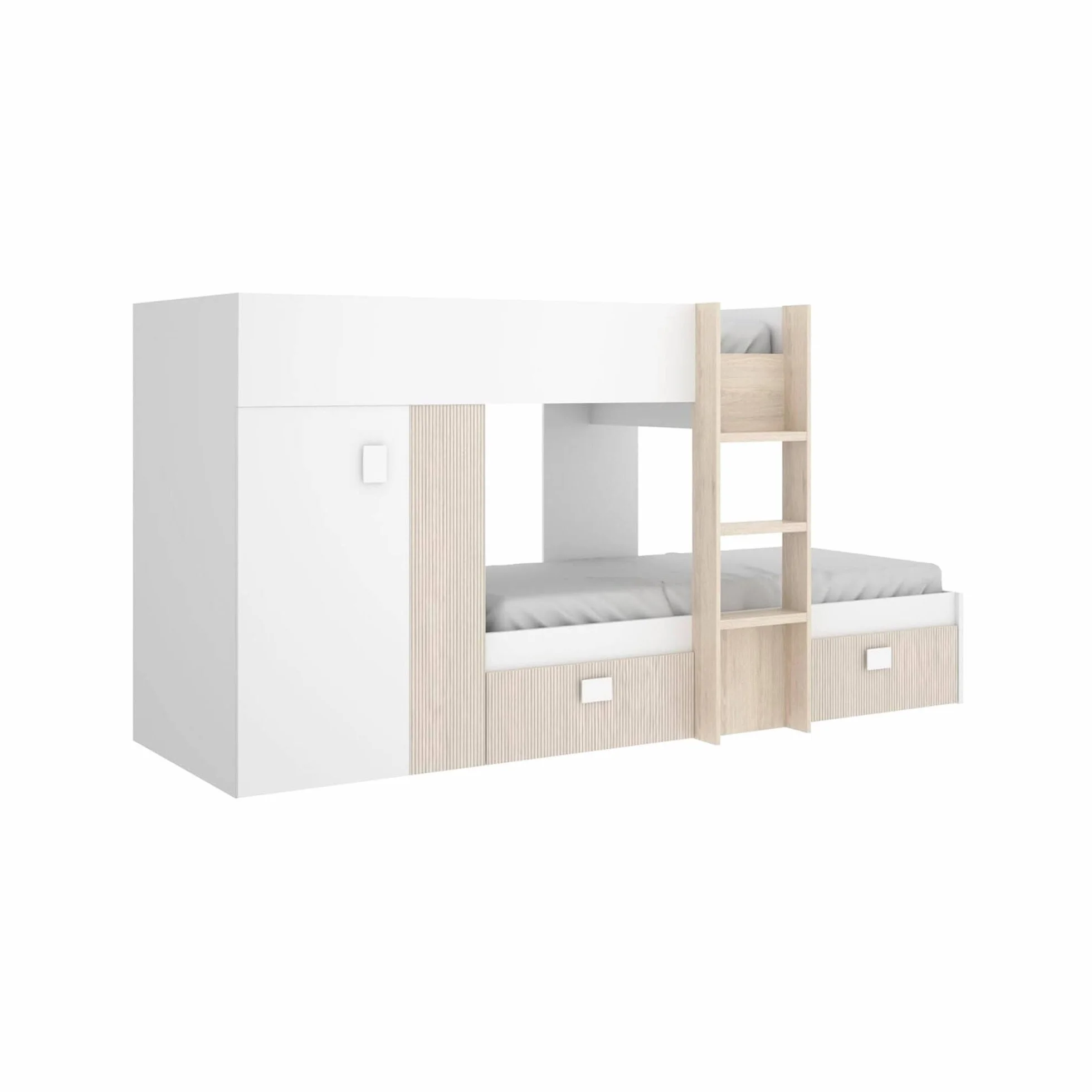 Dmora - Letto per bambini Cevedale, Cameretta completa con armadio e cassetti, Composizione letto a castello con due lettini singoli, 271x111h150 cm, Bianco e Rovere