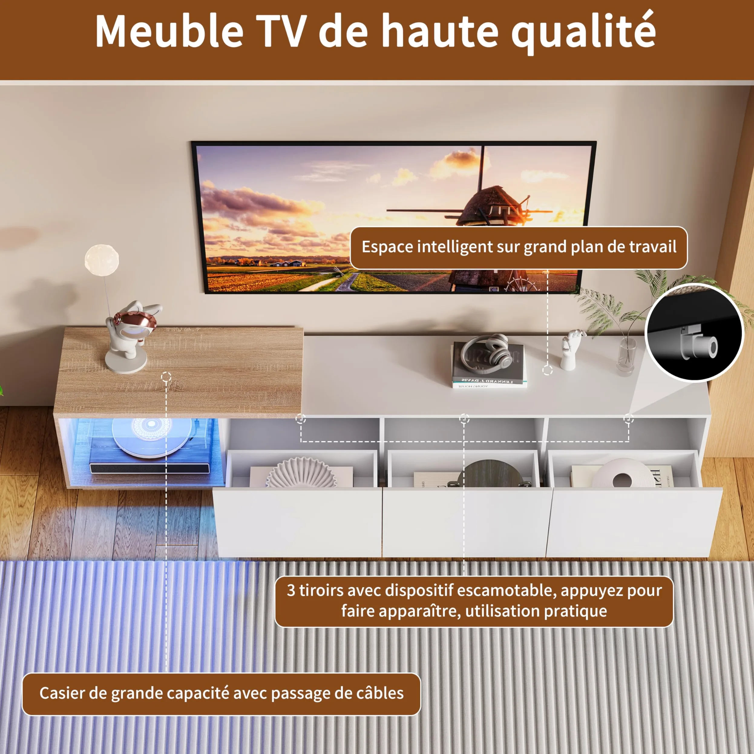 Mobile porta TV allungabile, mobile porta TV 240 cm di lunghezza con illuminazione LED, 3 cassetti, mobile TV in legno, mobili TV per televisioni da 65 pollici, mobili TV moderni per soggiorno o