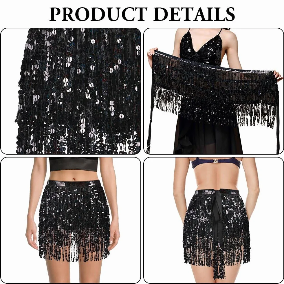 OFFCUP Falda de Danza del Vientre para Mujer, Falda Flecos Mujer Falda Carnaval, Falda con Borlas de Lentejuelas para, Vestido con Falda de Flecos Rave