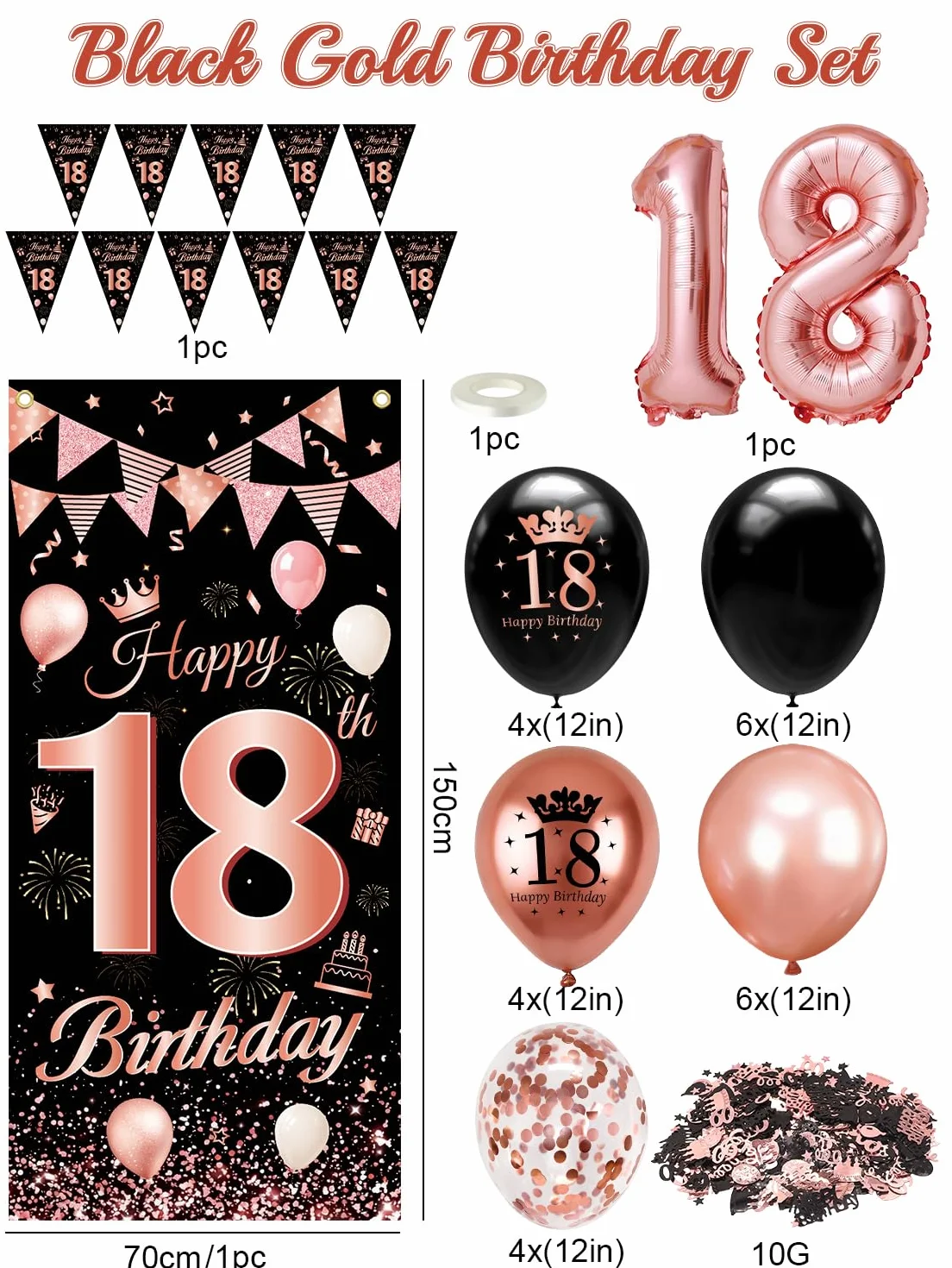 Palloncini 18 Anni Compleanno Ragazza, Compleanno 18 anni Decorazioni Oro Rosa e Nero, ghirlande Happy Birthday, Festone Buon Compleanno per Feste 18 Anni Ragazza
