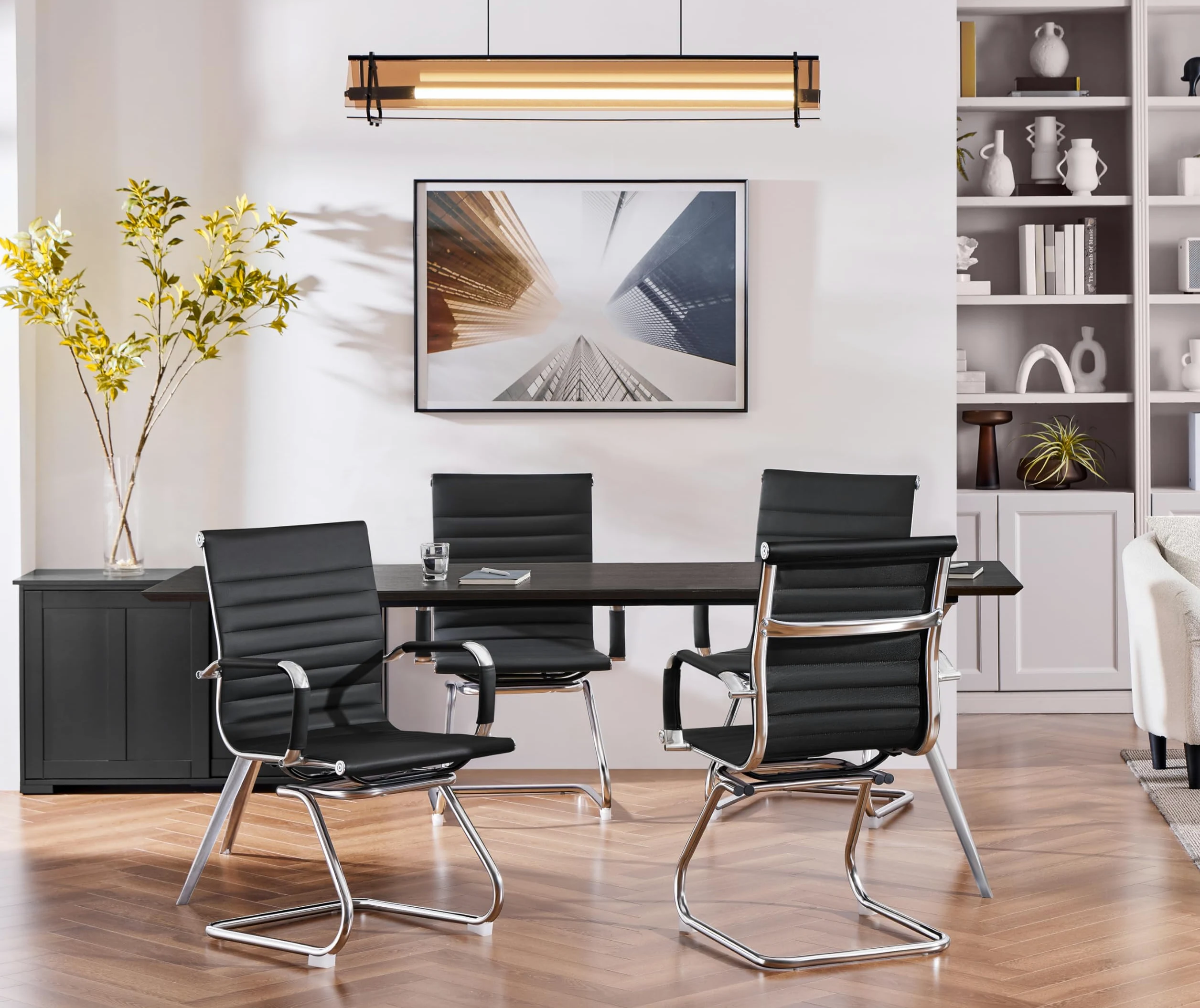 Yaheetech Set 2 Sedie Ufficio Senza Ruote per Ospiti Visitatori Riunioni Conferenza Design Cantilever Ergonomiche in Pelle Sintetica con Schienale e Braccioli Nero