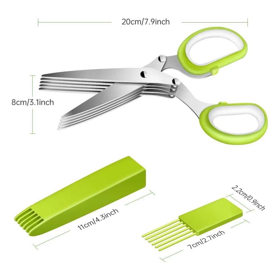 Forbici per Erbe Aromatiche, Forbici da Cucina a 5 Lame in Acciaio Inox con Manico Ergonomico, Forbici da Cucina con Pettine Pulizia per Tritare Basilico, Erba Cipollina, Origano, Rosmarino