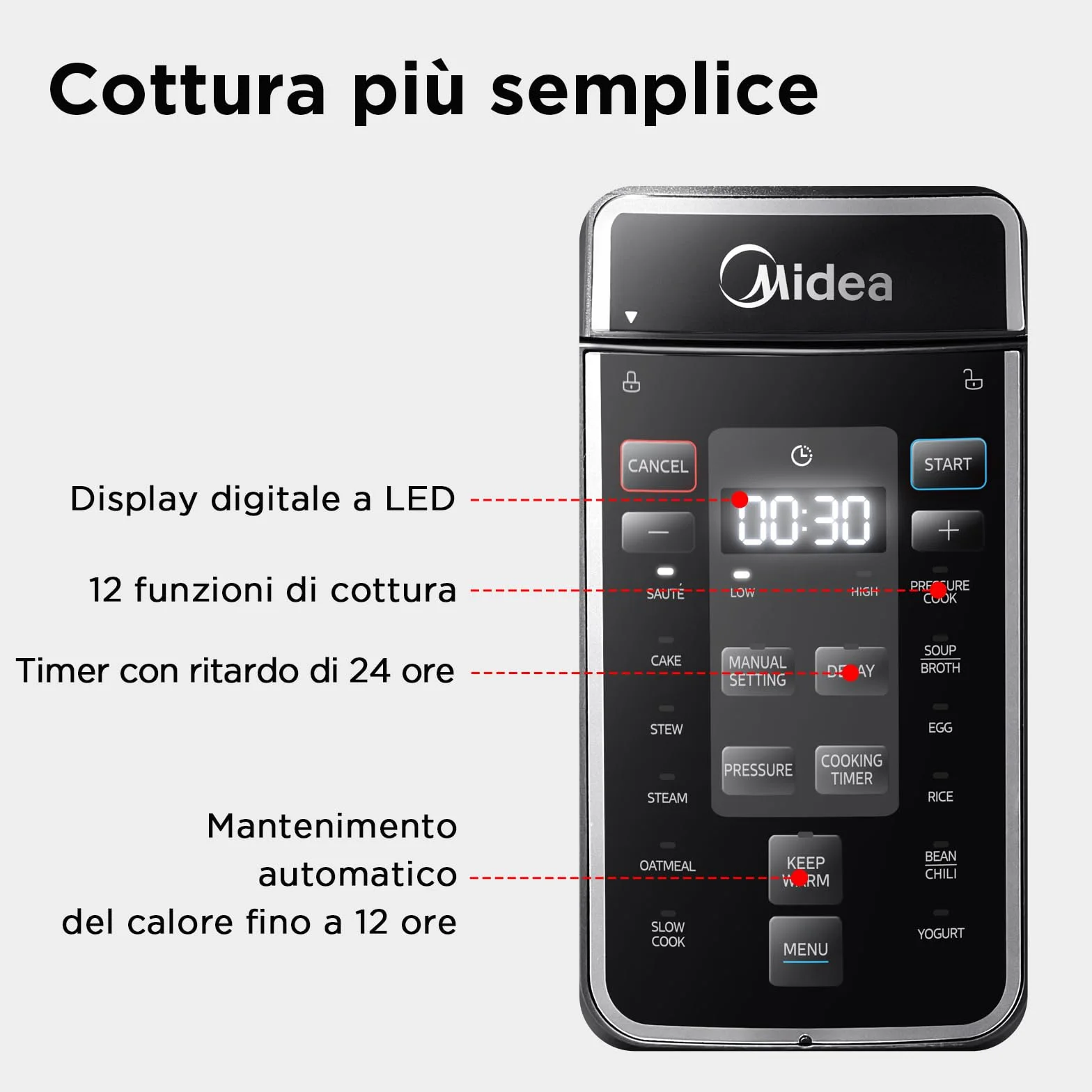 Midea Pentola a pressione elettrica 9 in 1 12 preset multicooker istantaneo antiaderente acciaio inox 8 quarti nero