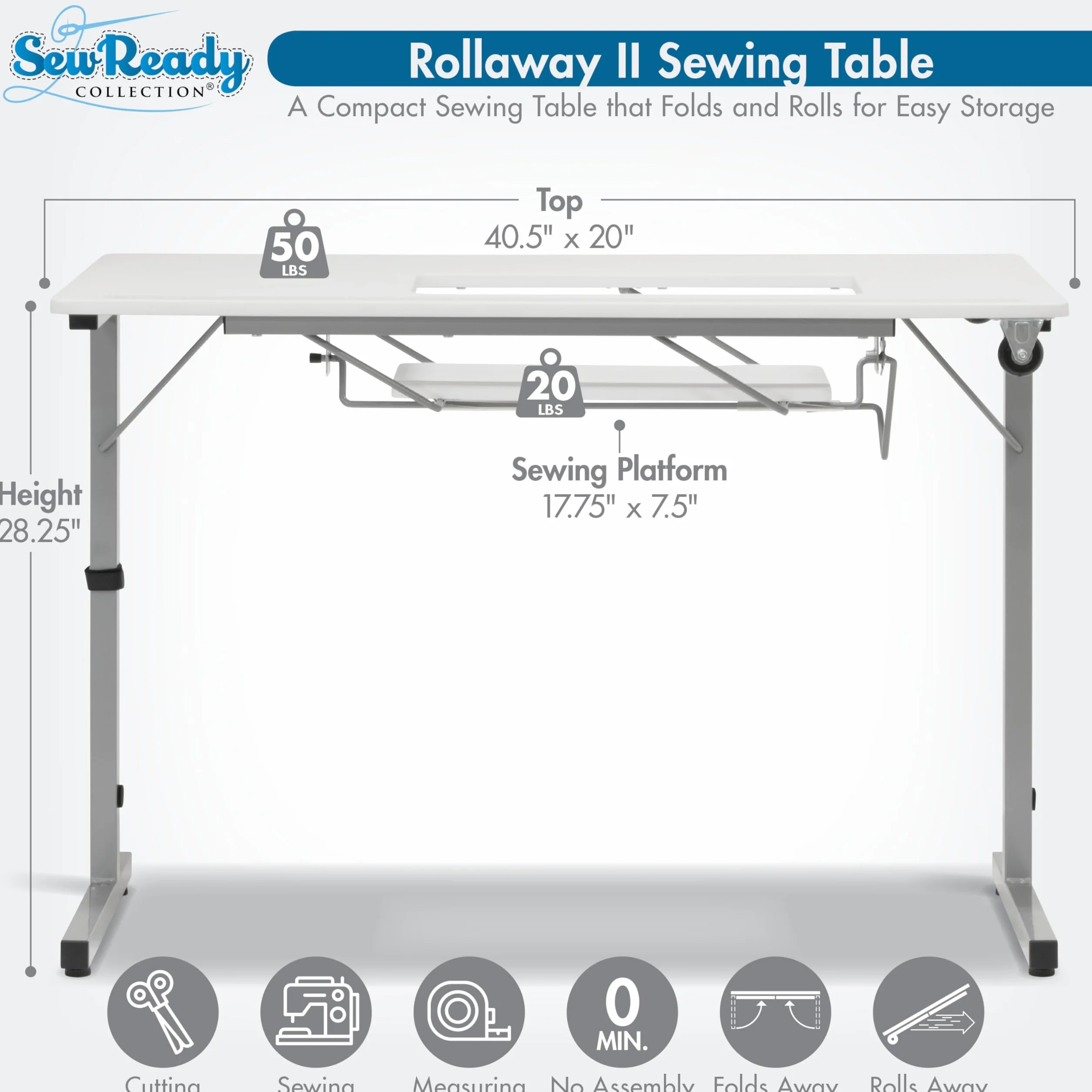 Sew Ready Rollaway II - Tavolo da cucito pieghevole, portatile, compatto, colore: Argento e bianco