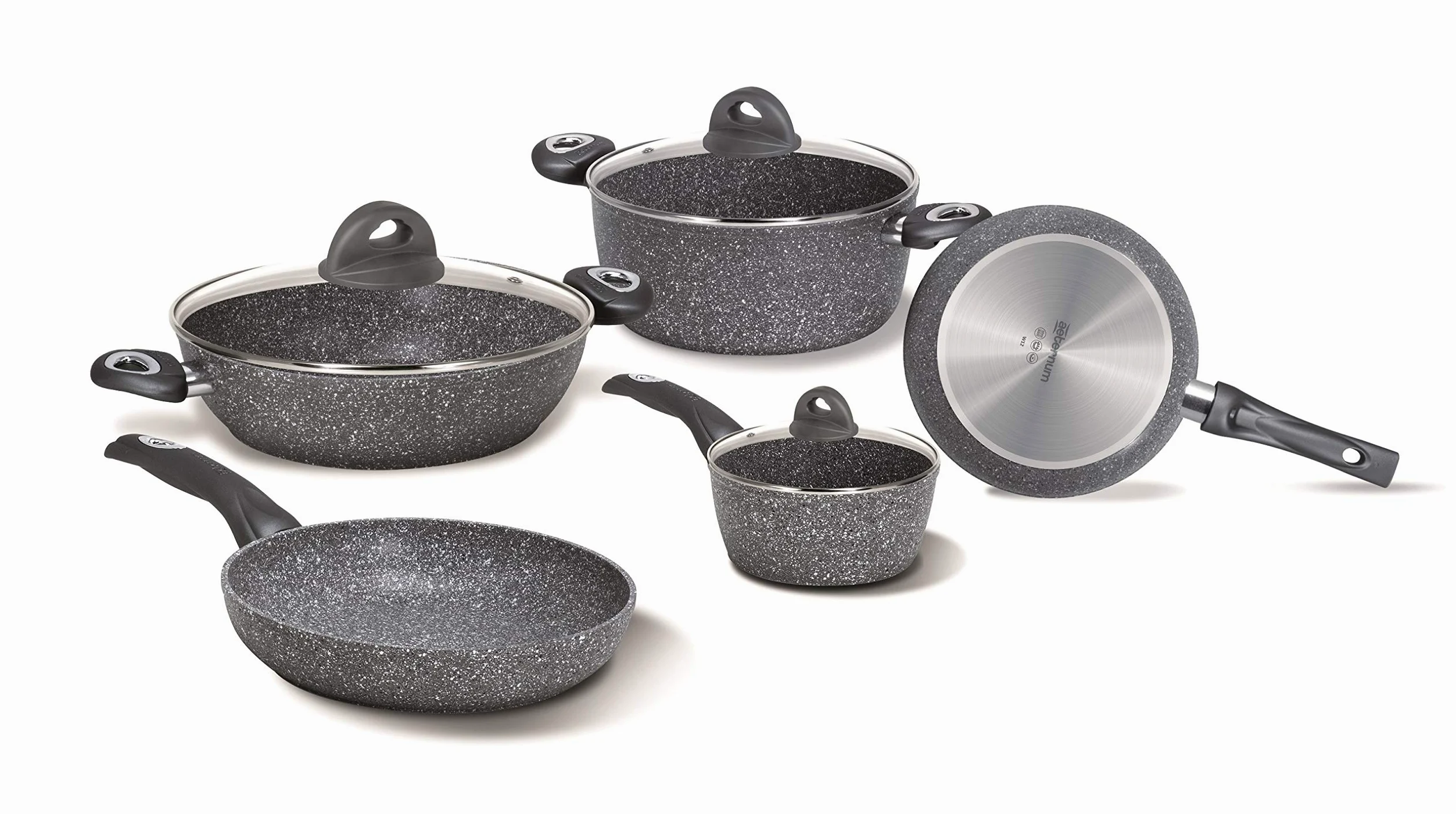 Aeternum, Madame Petravera 3.0, Batteria 8 pezzi, 2 padelle 20-24 cm, 2 casseruole 16-20 cm, 1 tegame 28 cm, 3 coperchi 16-20-28 cm, Ideale per Induzione, Full Induction, Grigio