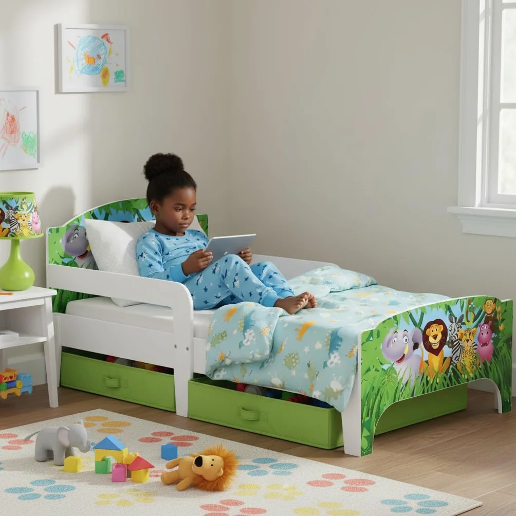 Leomark Letto per Bambini in Legno 140x70 cm SMART con Cassetto, Materasso e Telaio, Stampa Animali Selvaggi