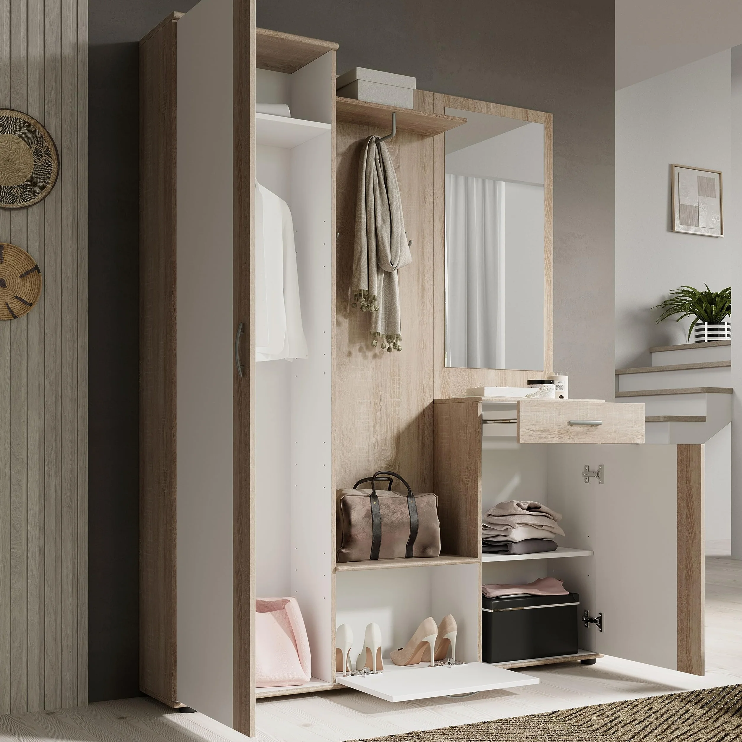 Stella Trading, PATENT Set mobili da ingresso in rovere sonoma, bianco, moderno con specchio, 145 x 184 x 29 cm