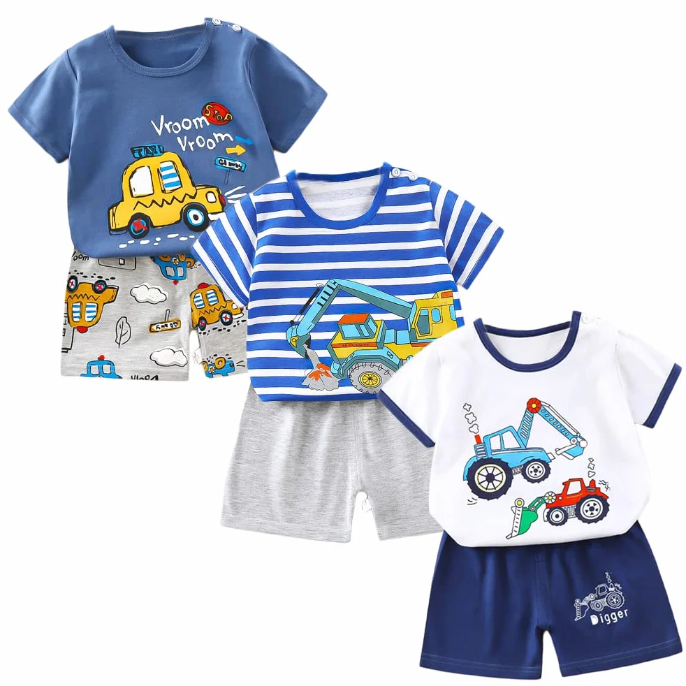 Completo in Cotone Bambino 3 Set 6 Pezzi Maglietta Manica Corta Pantaloncini Taglie 73-130