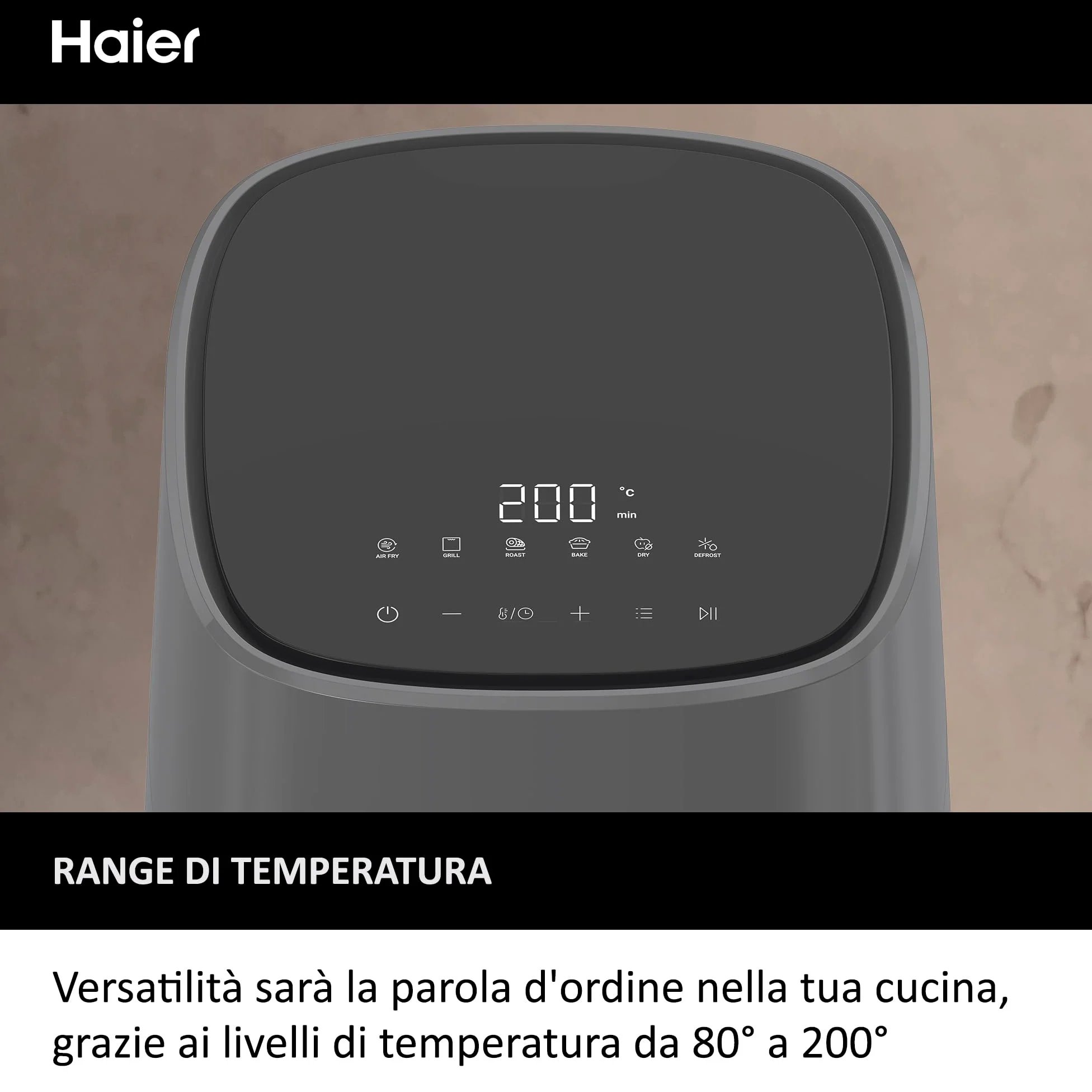 Haier Friggitrice ad aria I-Master, 6 in 1 con display touch, cuoci, arrostisci, griglia, scongela, capacità 5 litri per un massimo di 4 persone, [Nero]
