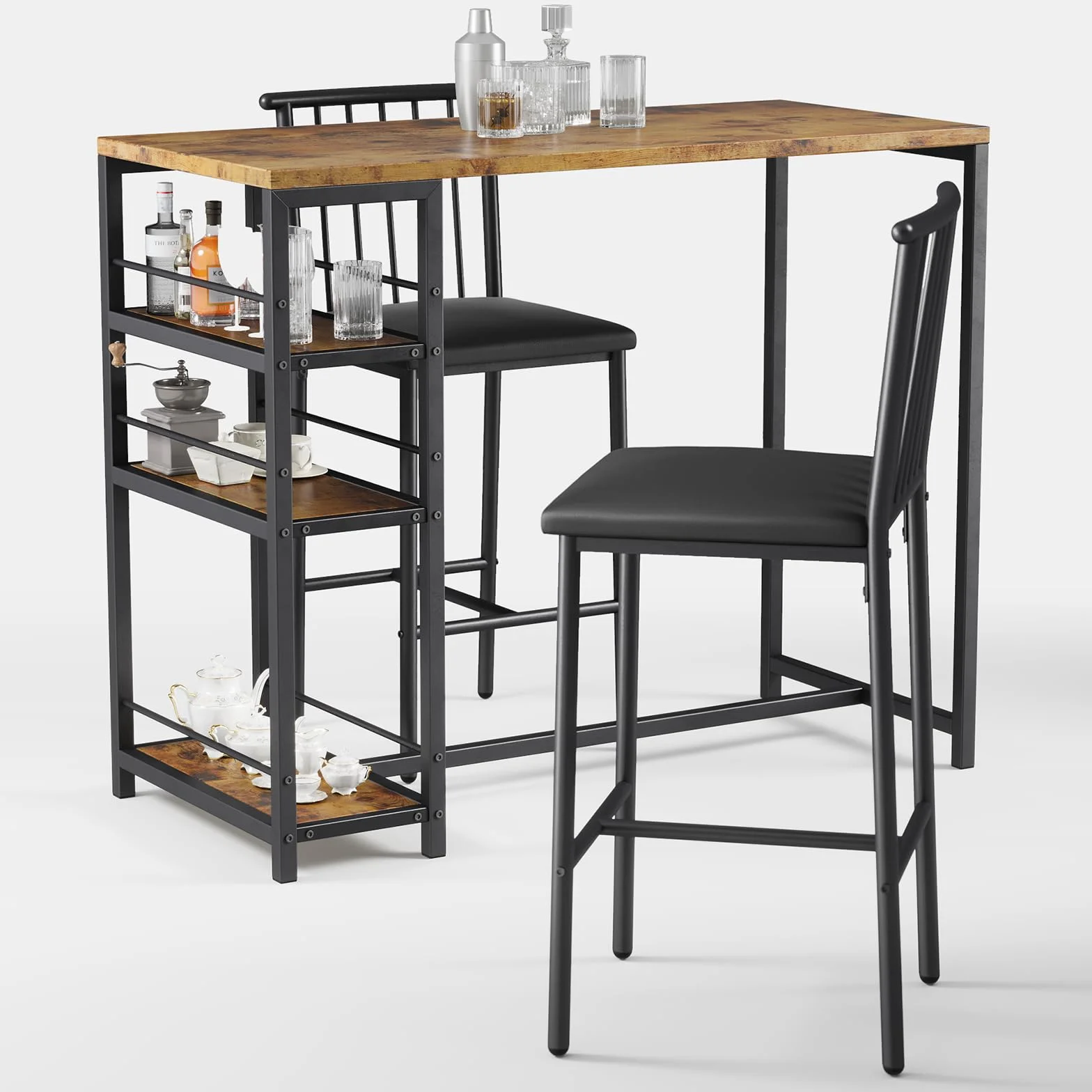 Xbro Tavolo da Bar con 2 Sedie Imbottite, Set 3 Pezzi Tavolo da Pranzo con 3 Ripiani e Porta Bottiglie, Tavolo Salvaspazio per Cucina, Soggiorno e Sala da Pranzo, Retrò