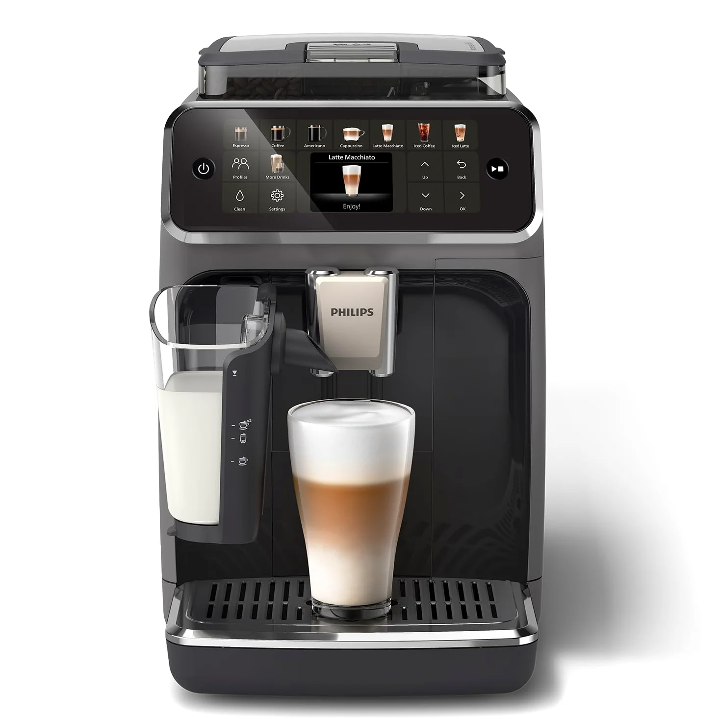PHILIPS Serie 5500 Macchina per Espresso Completamente Automatica - 20 caffè Caldi e con Ghiaccio, Sistema LatteGo Veloce da Pulire, 40% Più Silenziosa con SilentBrew, QuickStart, Grigio (EP5544/50)