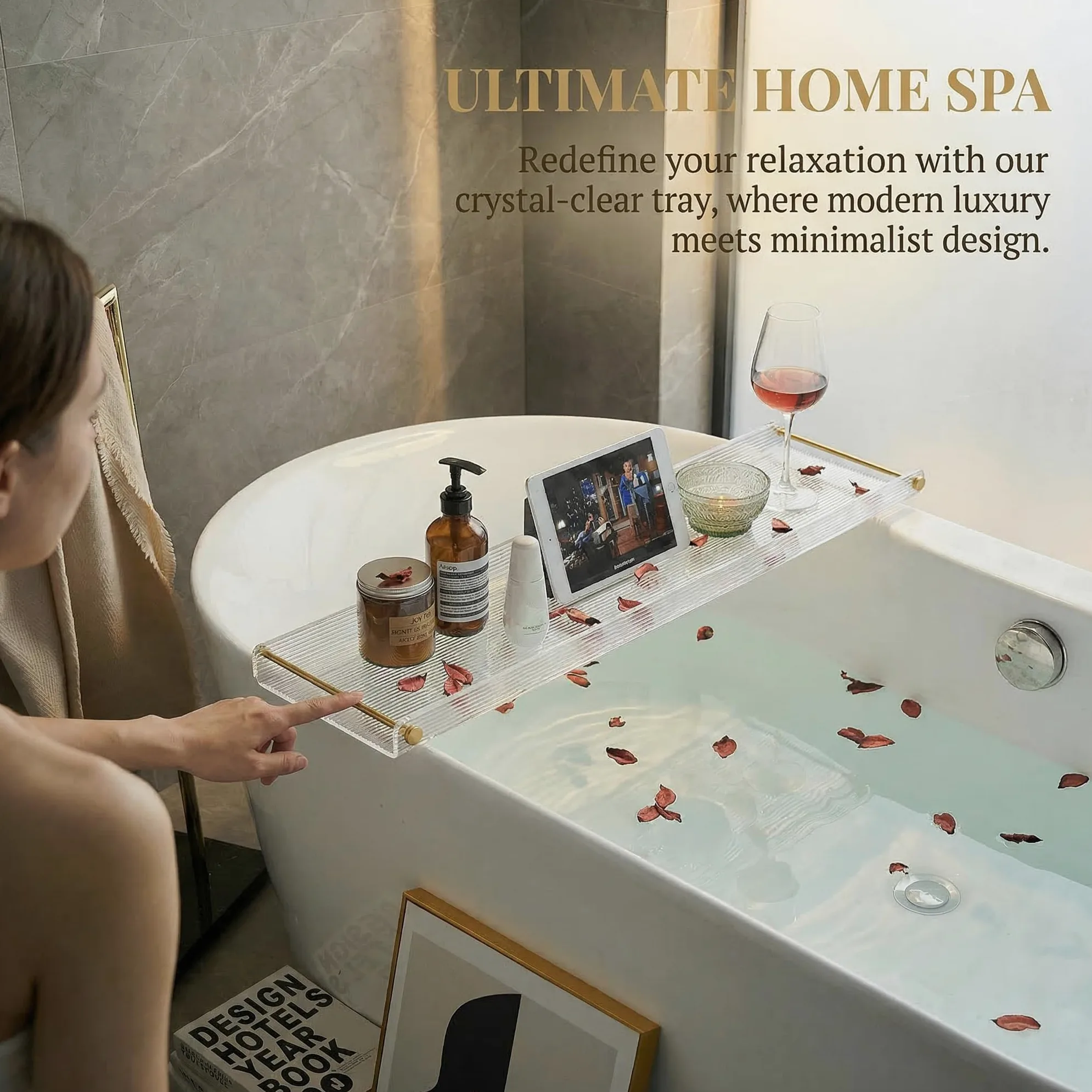 Bathtub Caddy Tray for Luxury Bathroom Bath tub Table Caddy Tray Shelf for Shower with Gold Handles fits All bathtubs